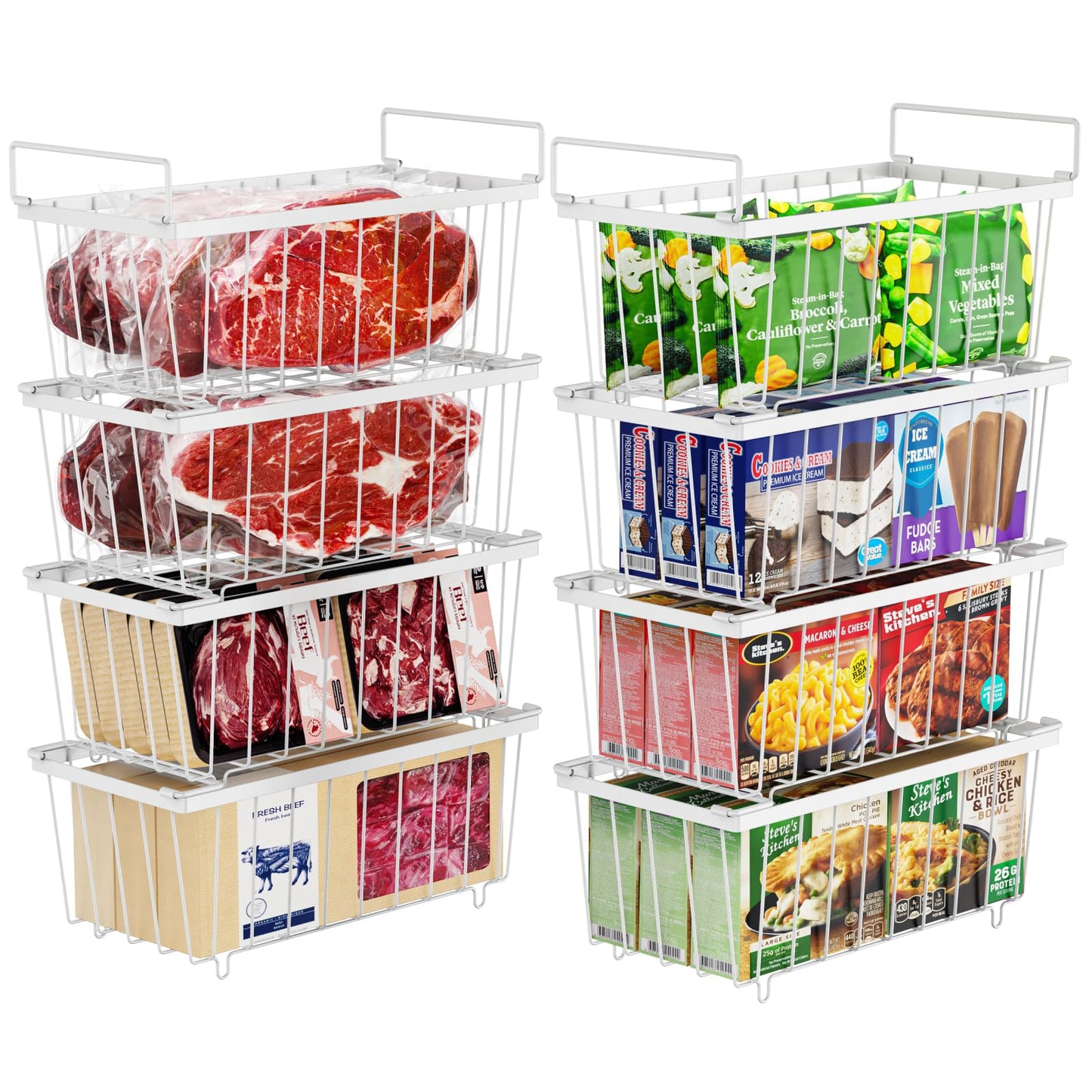 iSPECLE Chest Freezer Organizer - 8 Pack Stackable Freezer Organizer for 5 to 7 Cu.Ft Deep Freezer, Sort Frozen Foods Wire Baskets with Handles Easily Get Food and Add Storage Space, White