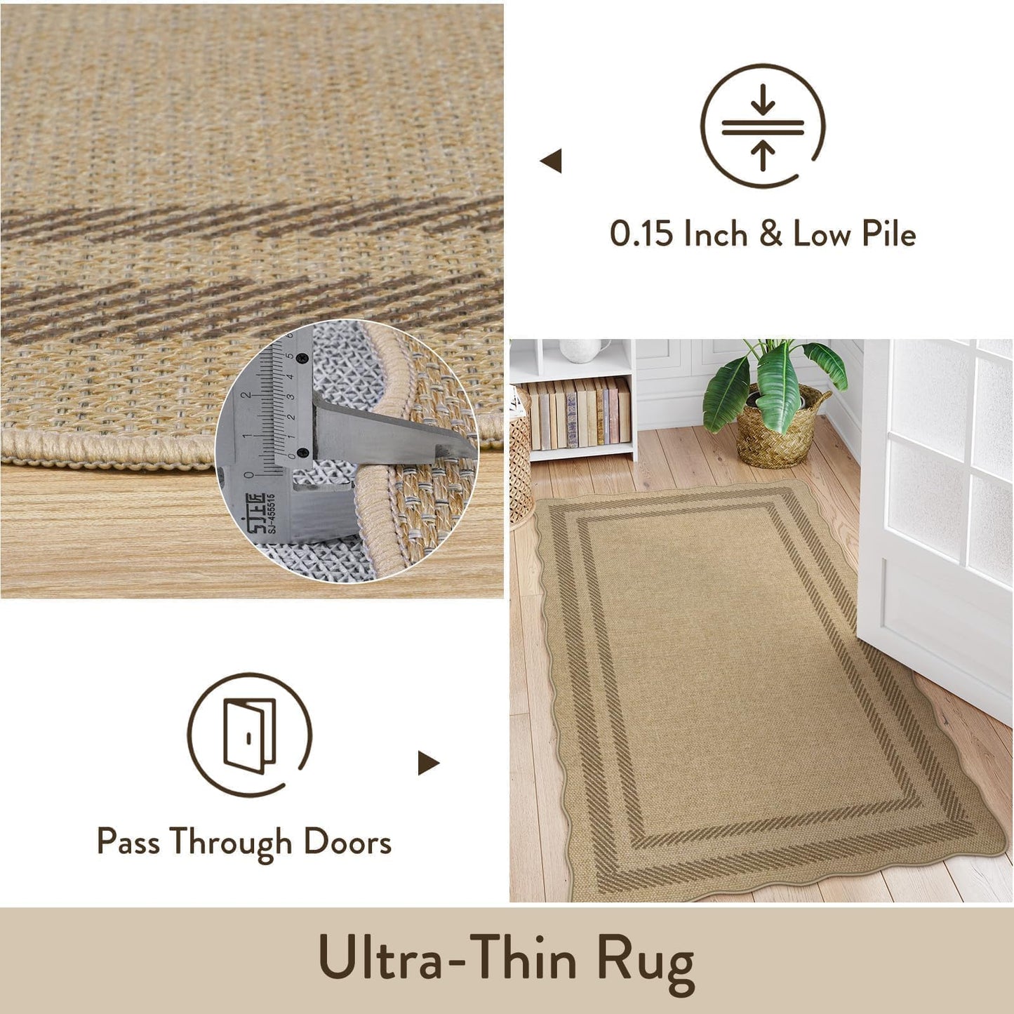 LIVEBOX Farmhouse Washable 3x5 Kitchen Rug, Easy Jute Geometri Tan Rugs for Entryway, Indoor Outdoor Scalloped Rug Boho Morden Carpet Door Mat Area Rug for Bedroom Laundry Room Hallway