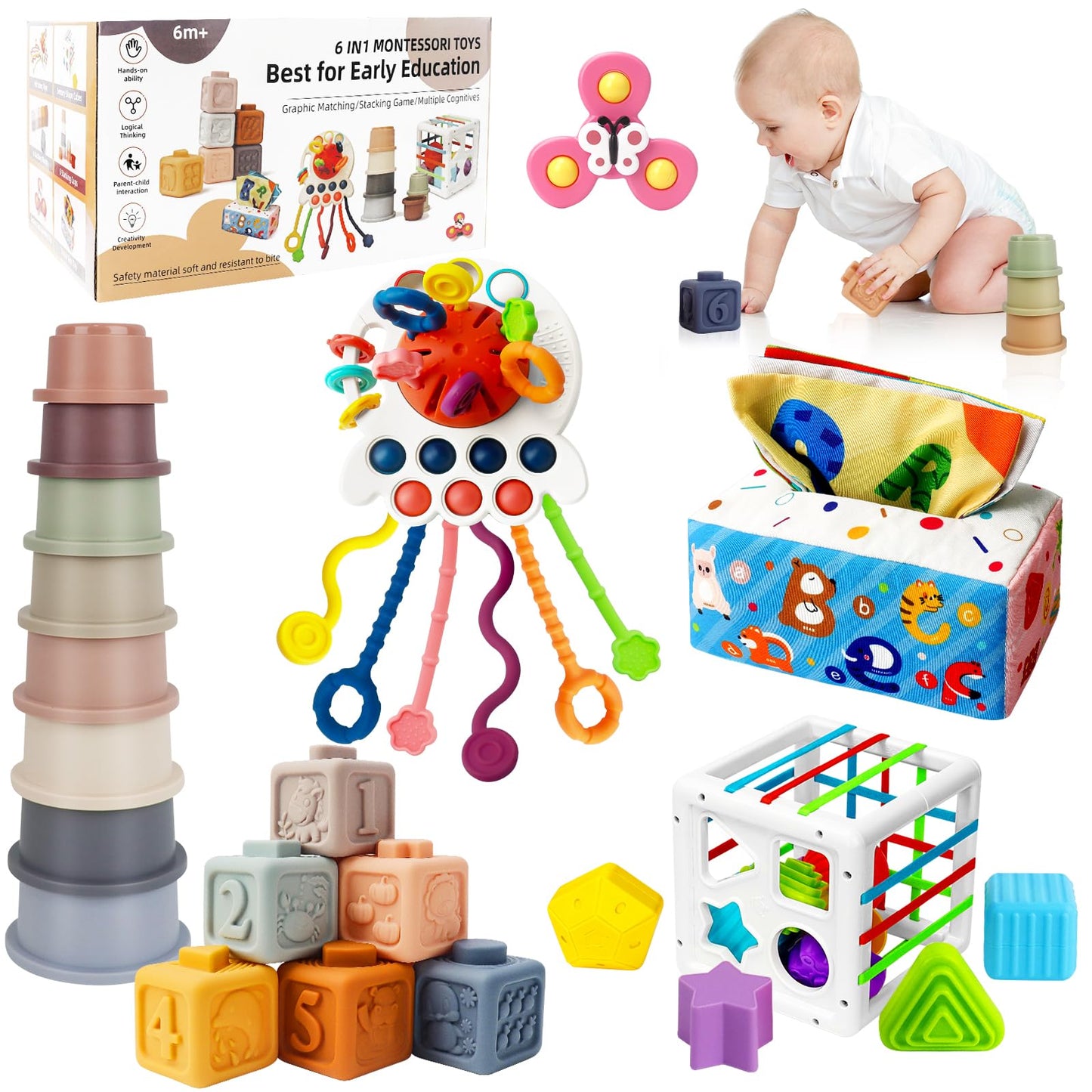 6 in 1 Baby Montessori Toys for 6-12 Months, Montessori Toys for Babies Incl Pull String Toy, Stacking Cups, Tissue Box Toy, Suction Cup Spinner Toys, Stacking Blocks, Activity Cube Gift for Boy Girl