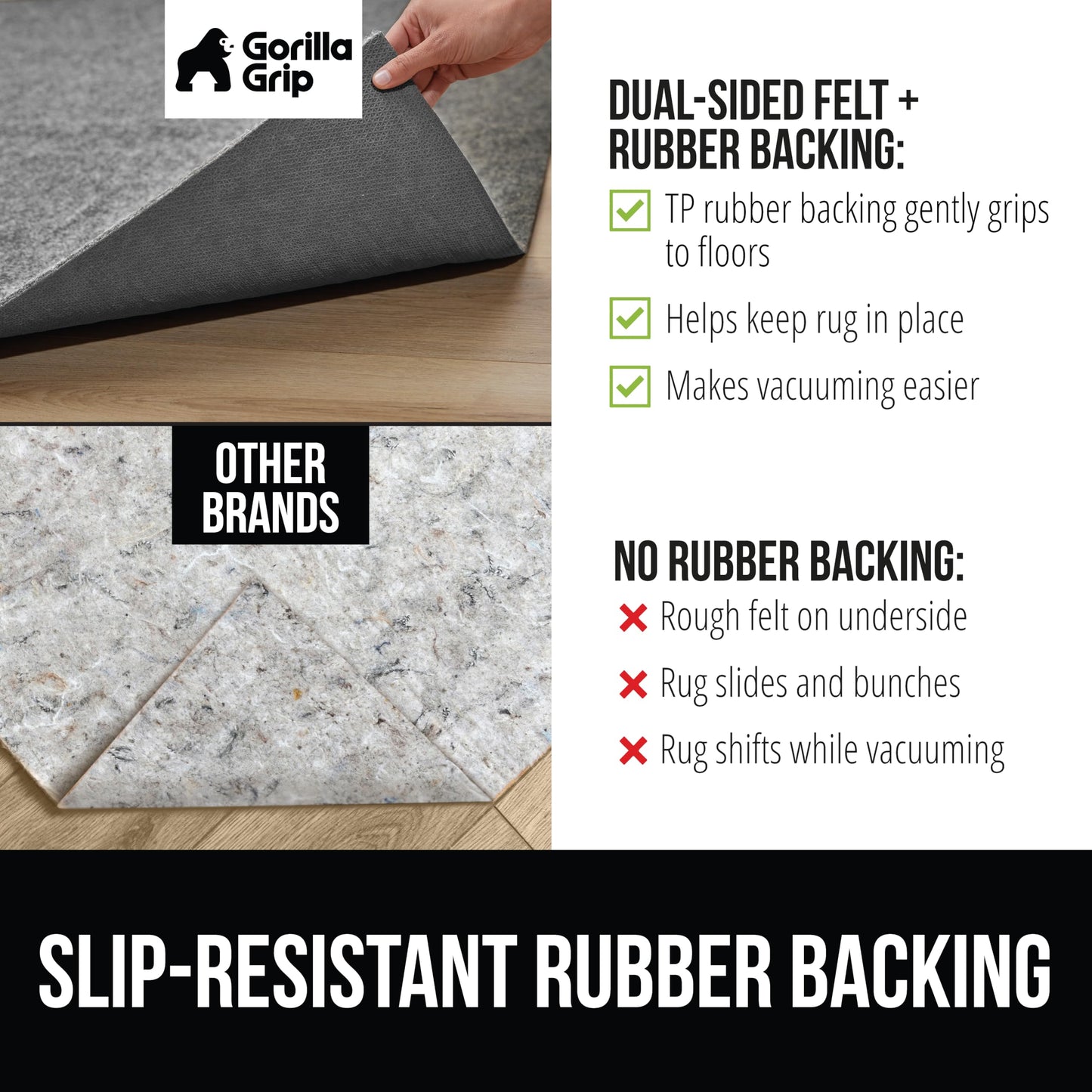 GORILLA GRIP Felt with Rubber Stay in Place Slip Resistant Rug Pad, 1/8 inch Thick, 4x6 FT Protective Padding Under Area Rugs, Cushioned Gripper Pads, Carpet Runners, Hardwood Floors Protection