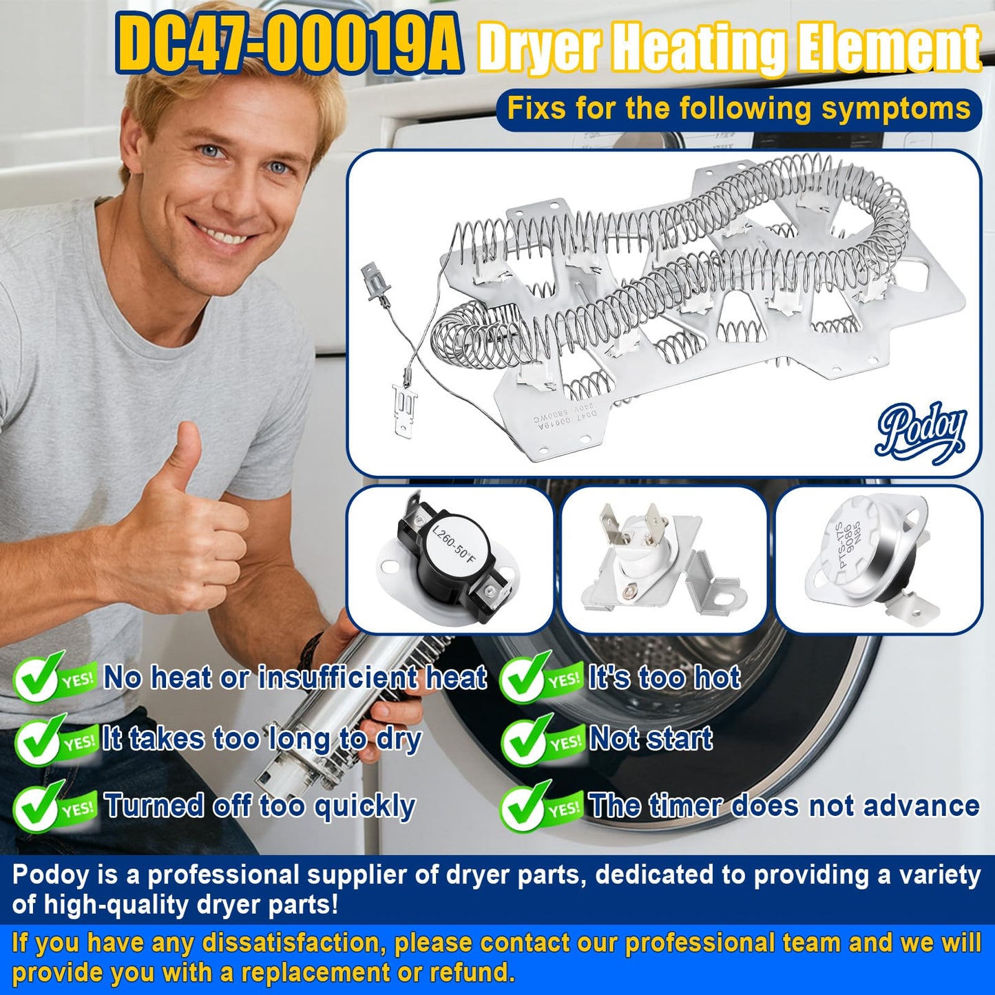 2025 UPGRADE DC47-00019A Dryer Heating Element Compatible With Sam-sung Ken-more dv42h5000ew/a3 dv45h7000ew/a2, DC47-00016A DC32-00007A DC96-00887A Thermal fuse DC47-00018A Thermostat Kit - Podoy