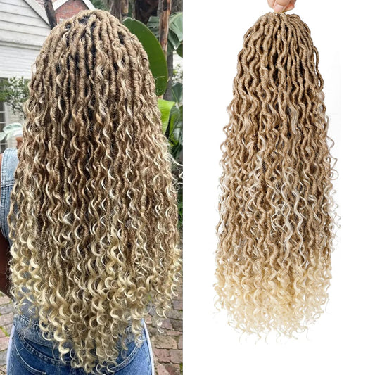 QIDESHENG Goddess Faux Locs Crochet Hair for Black Women, 18inch Goddess Locs Crochet Hair, 8 Packs Boho Style Locs, River Locs with Curly Ends (27/613, 18inch)