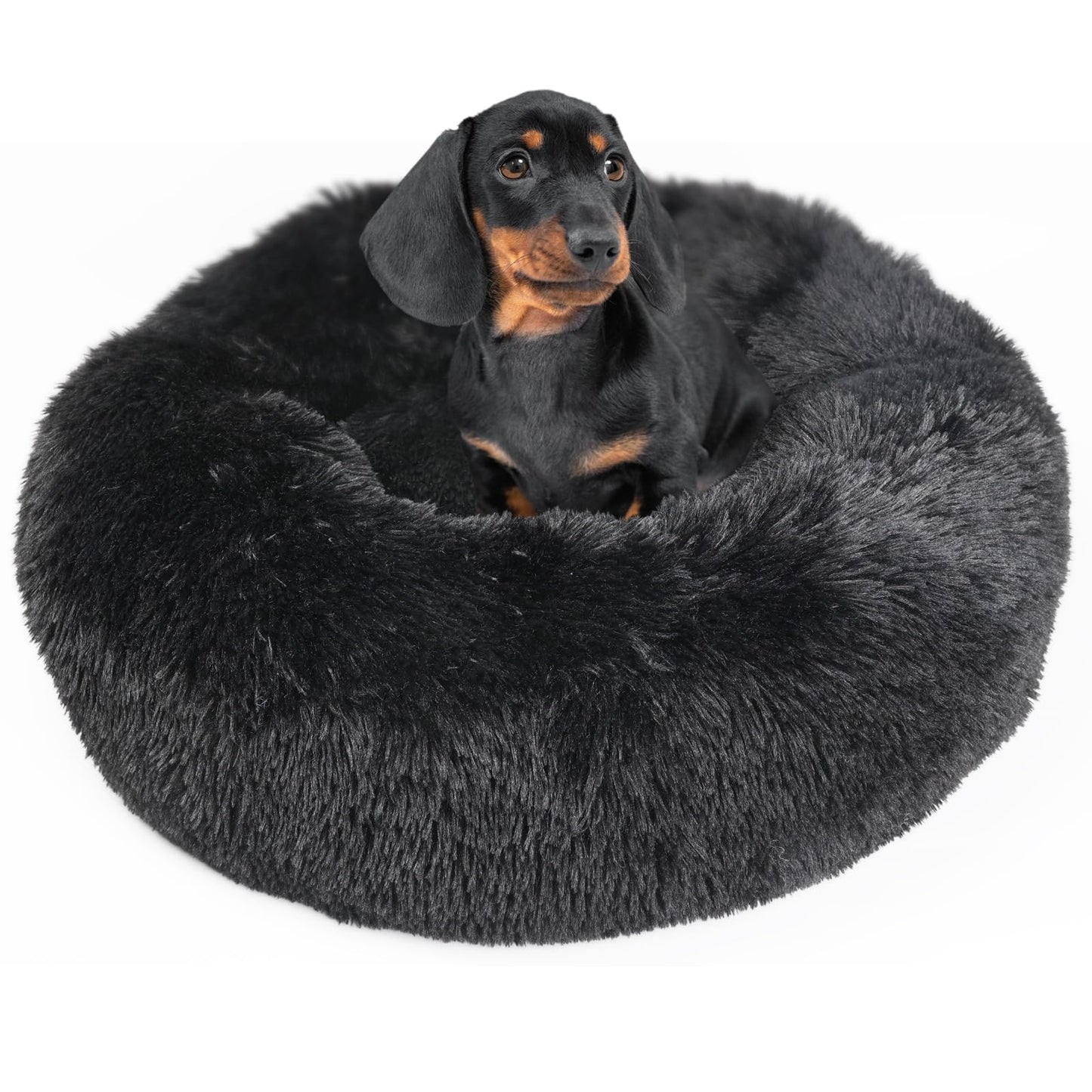 Black Dog Beds for Medium Dogs Washable Calming Bed for Dogs 28 Inches Black Calm and Anti Anxiety Faux Fur Round Medium Sized Pet Bed