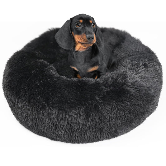 Black Dog Beds for Medium Dogs Washable Calming Bed for Dogs 28 Inches Black Calm and Anti Anxiety Faux Fur Round Medium Sized Pet Bed