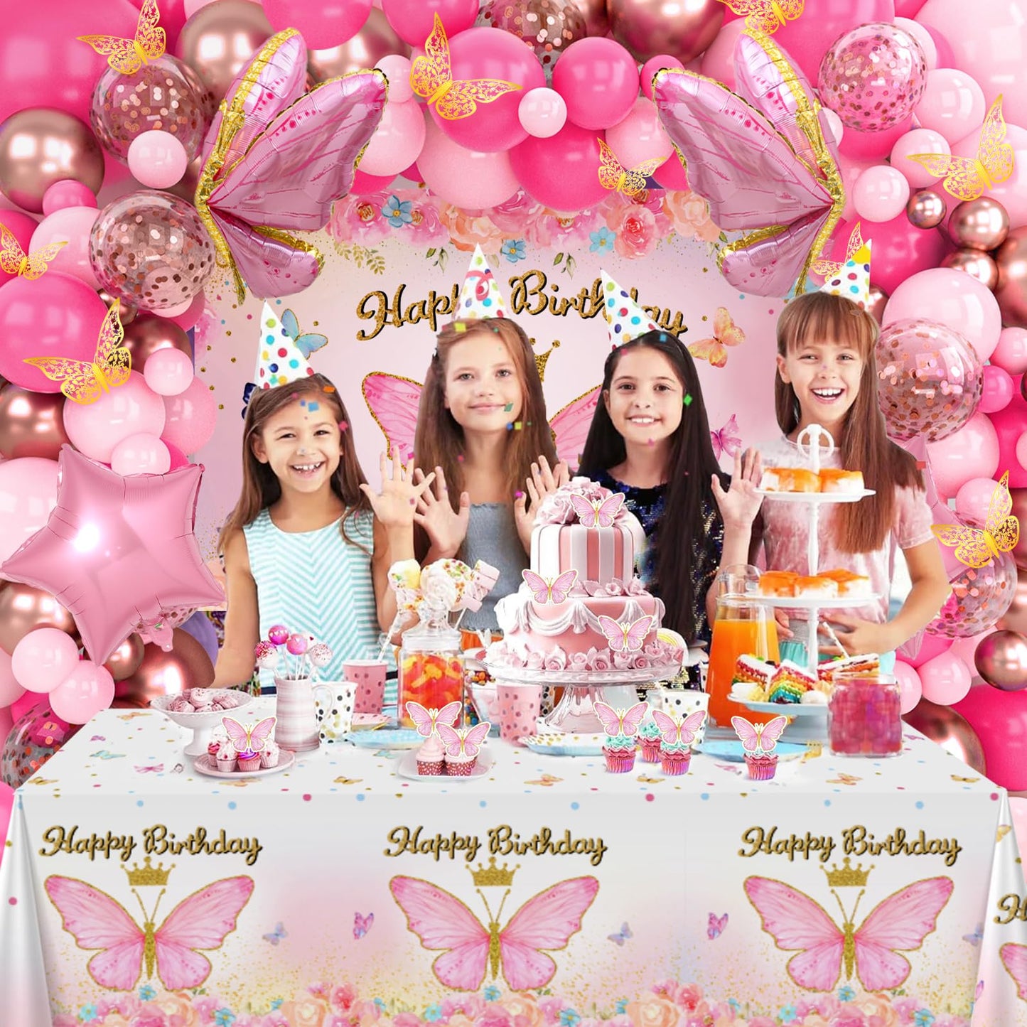Pink Balloon Arch Kit with Foil Butterfly Balloons, Happy Birthday Backdrop & Tablecloth Decorations for Girl's Party - 106 Supplies