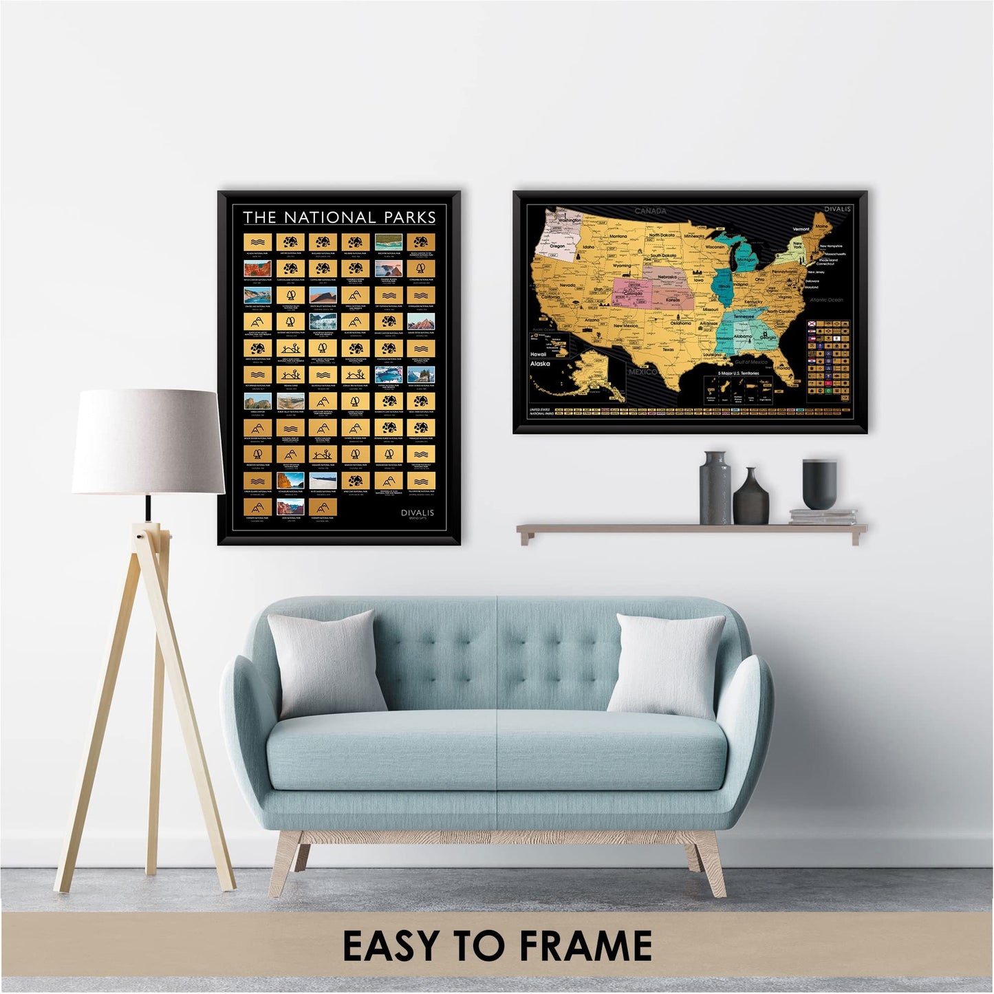 2 in 1 Gift Set - Scratch Off US Map and 63 National Parks Poster - 24x16 Easy to Frame Scratchable United States of America Posters - Globetrotters Wall Map - Black and Gold Travel Tracker