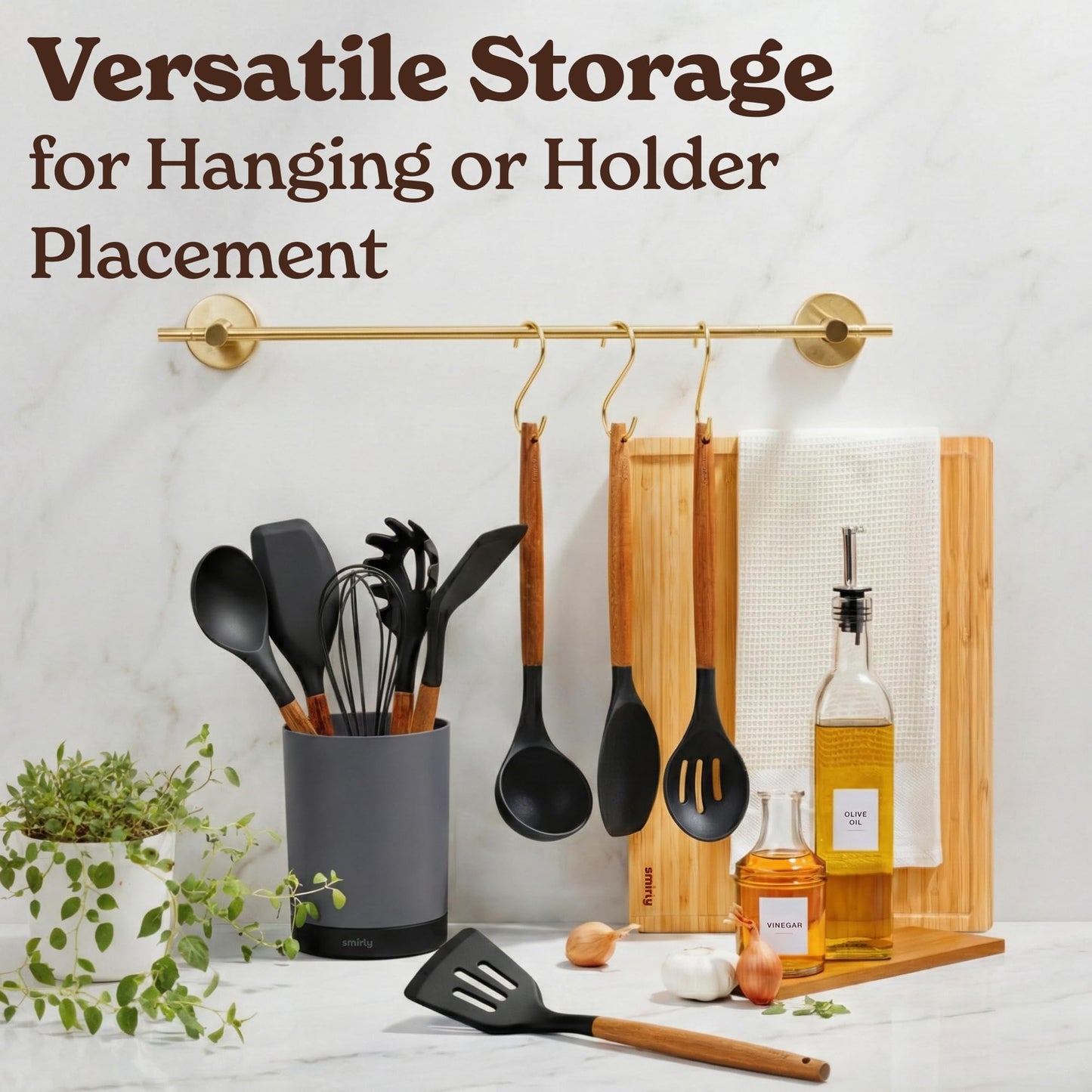 Silicone Kitchen Utensils Set & Holder: Cooking Utensils Set - Kitchen Essentials for New Home & 1st Apartment (Walnut, Black)