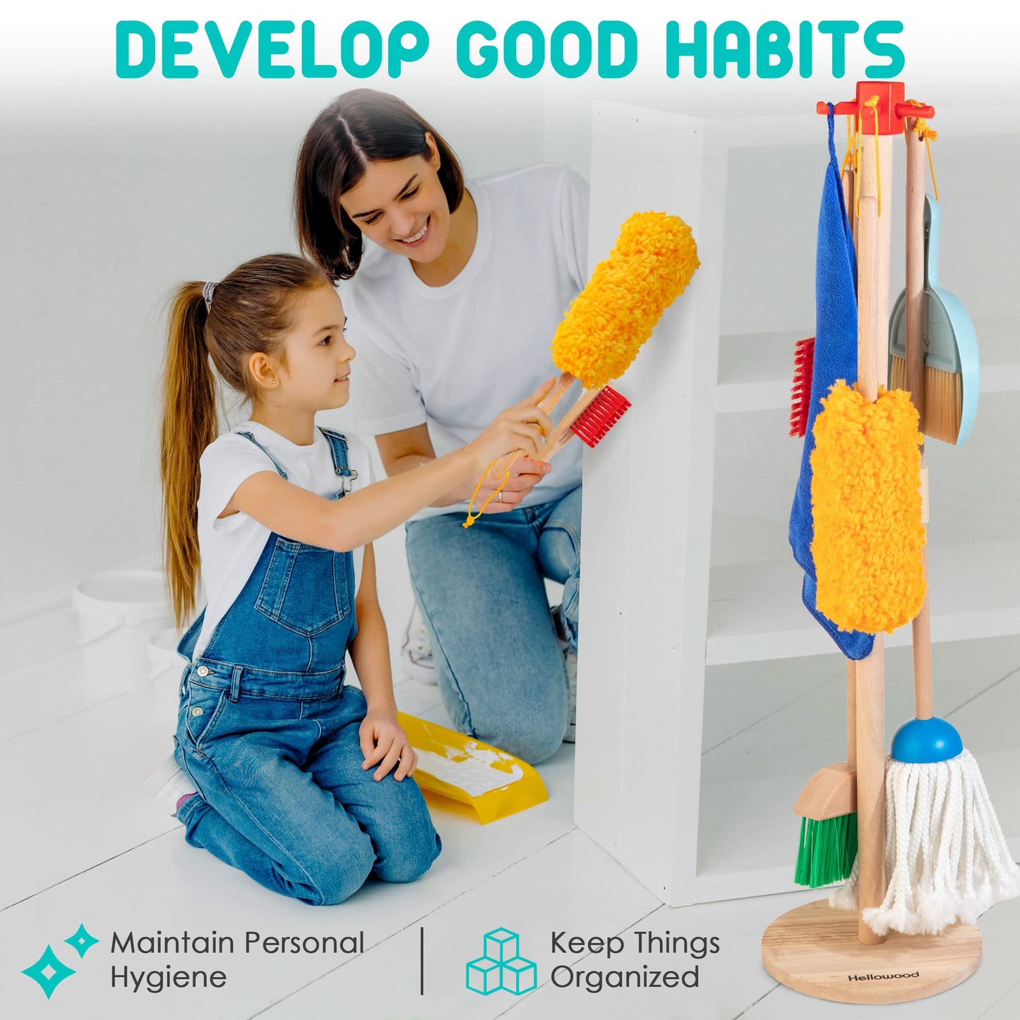 HELLOWOOD Kids Cleaning Set, 8 Pcs Wooden Housekeeping Play Set Includes Broom Mop Duster Dustpan Brushes Rag and Organizing Stand, Cleaning Toys Gift for Toddlers Girls Boys Age 3-6, Solid Beech Wood