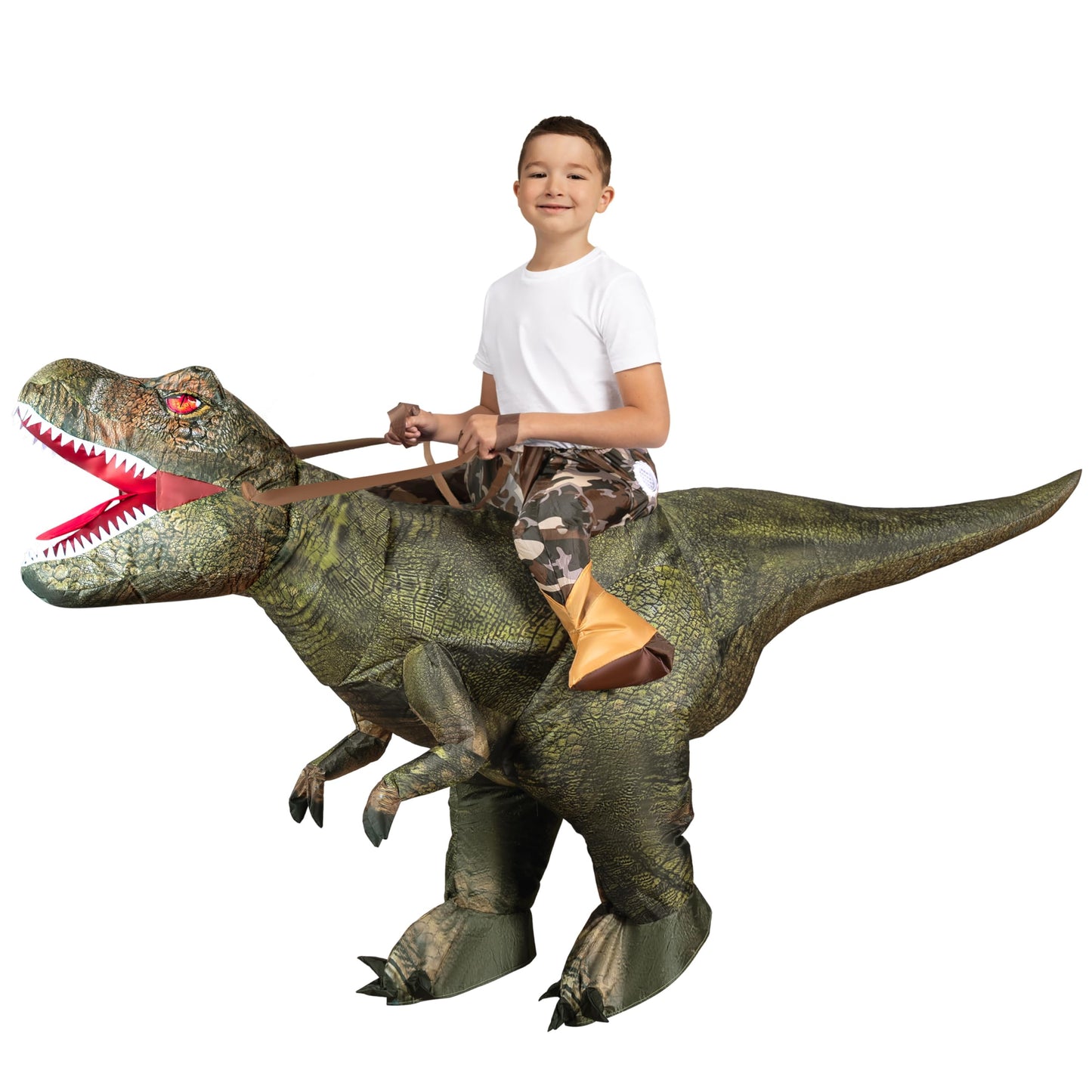 Spooktacular Creations T-Rex Inflatable Costume for Kids Digital Printing Ride-On Dinosaur for Halloween Parties Green