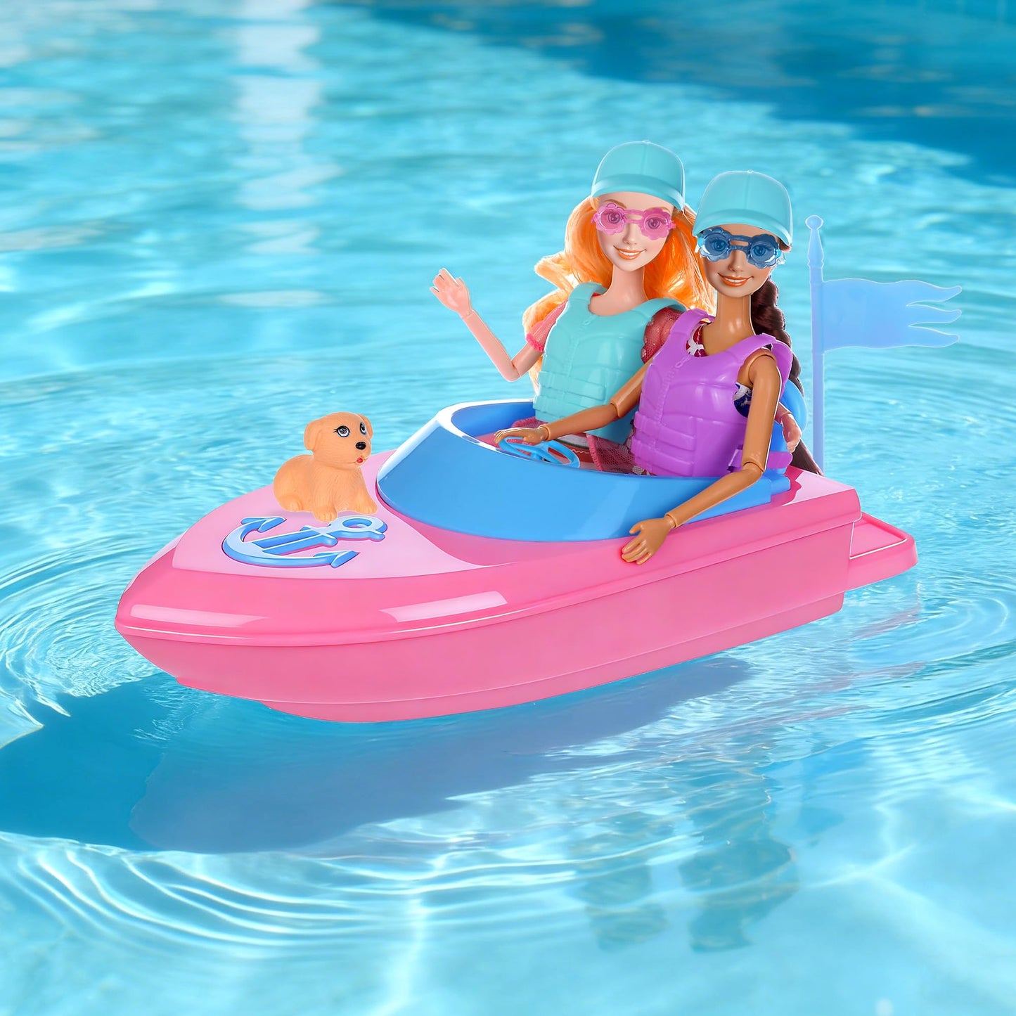 ebuddy Fashion Dolls and Boat Playset - 11.5 Inch Dolls with Swimwear, Life Vests, Accessories, 5.5 Inch Doll, Pet Puppy and Dolphin Toy - Summer Beach Adventure Gift Set for Girls