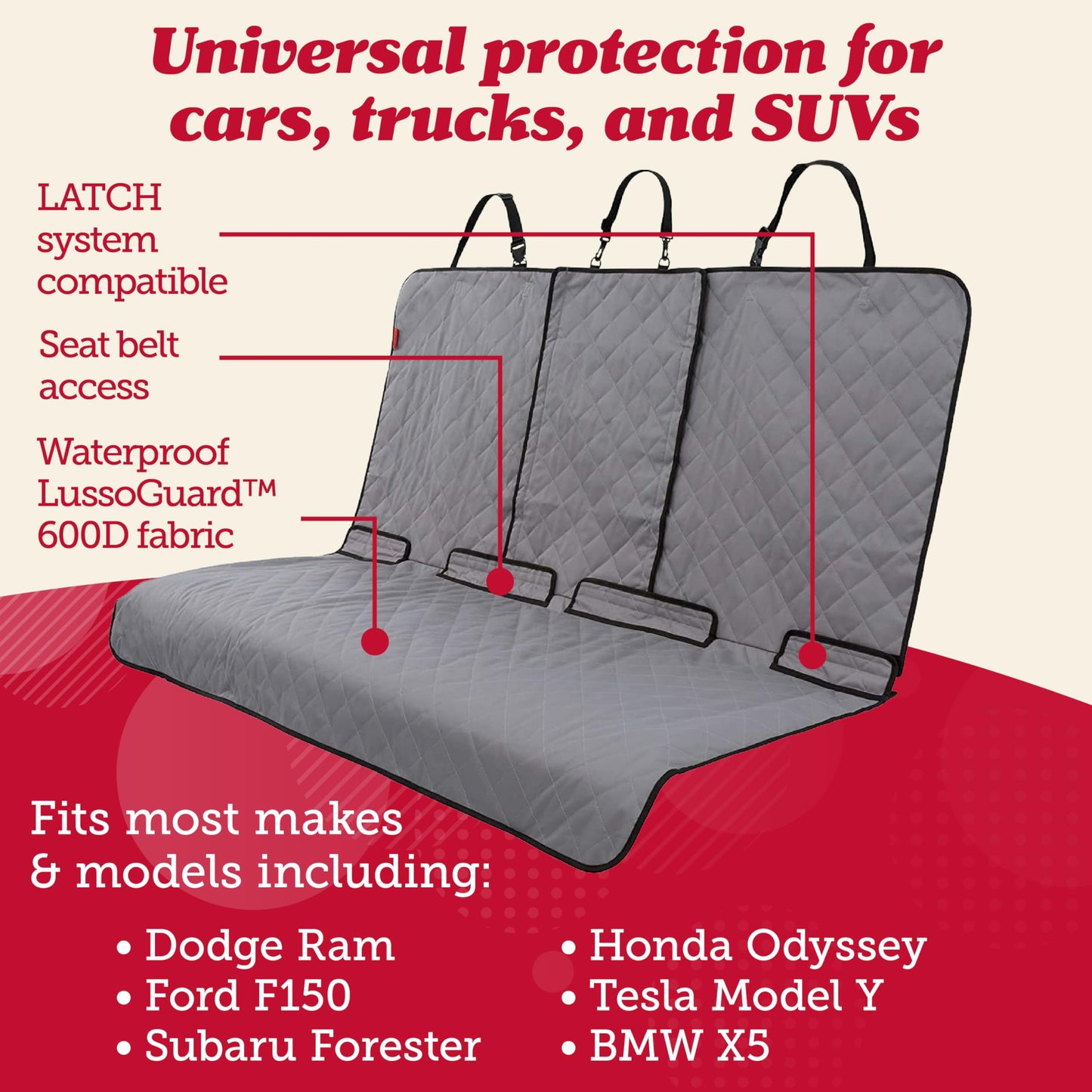 Lusso Gear Dog Car Seat Cover for Back Seat, Protects from Scratches, Scuffs, Shedding, Mud, & More, 100% Waterproof, Non-Slip Cover Stays Securely in Place, Fits Your Car, Truck, & SUV (Gray)