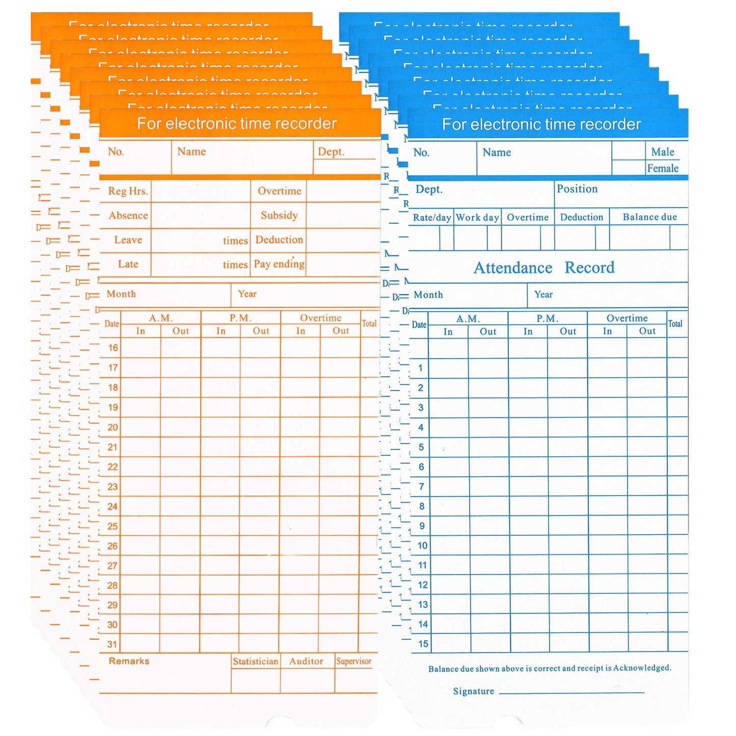 Flexzion Time Cards, Monthly Timesheet, Clock Timecard - 300 Pack, 6 Column 2-Sided Orange/Blue, Card for Time Punch Clock, Employee Attendance, Payroll Recorder, Small Business