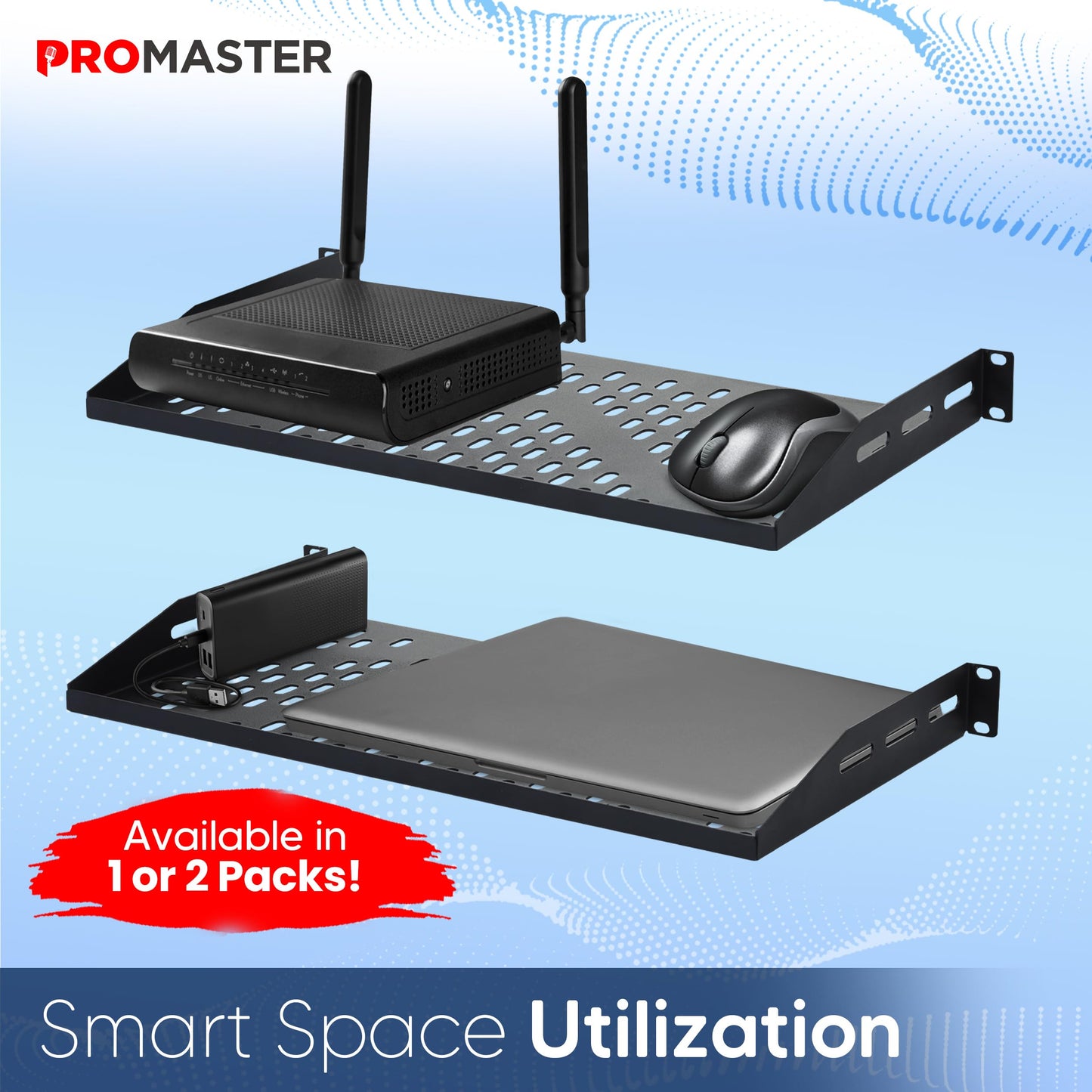 ThePromaster Server Vented Shelf - 2-Pack 19 Inches, 10'' Deep, 1U Universal Integration Server Vented Rack Mounting Tray For Good Airflow, Cantilever Mount, Device and Equipment Wall Mounting - Black