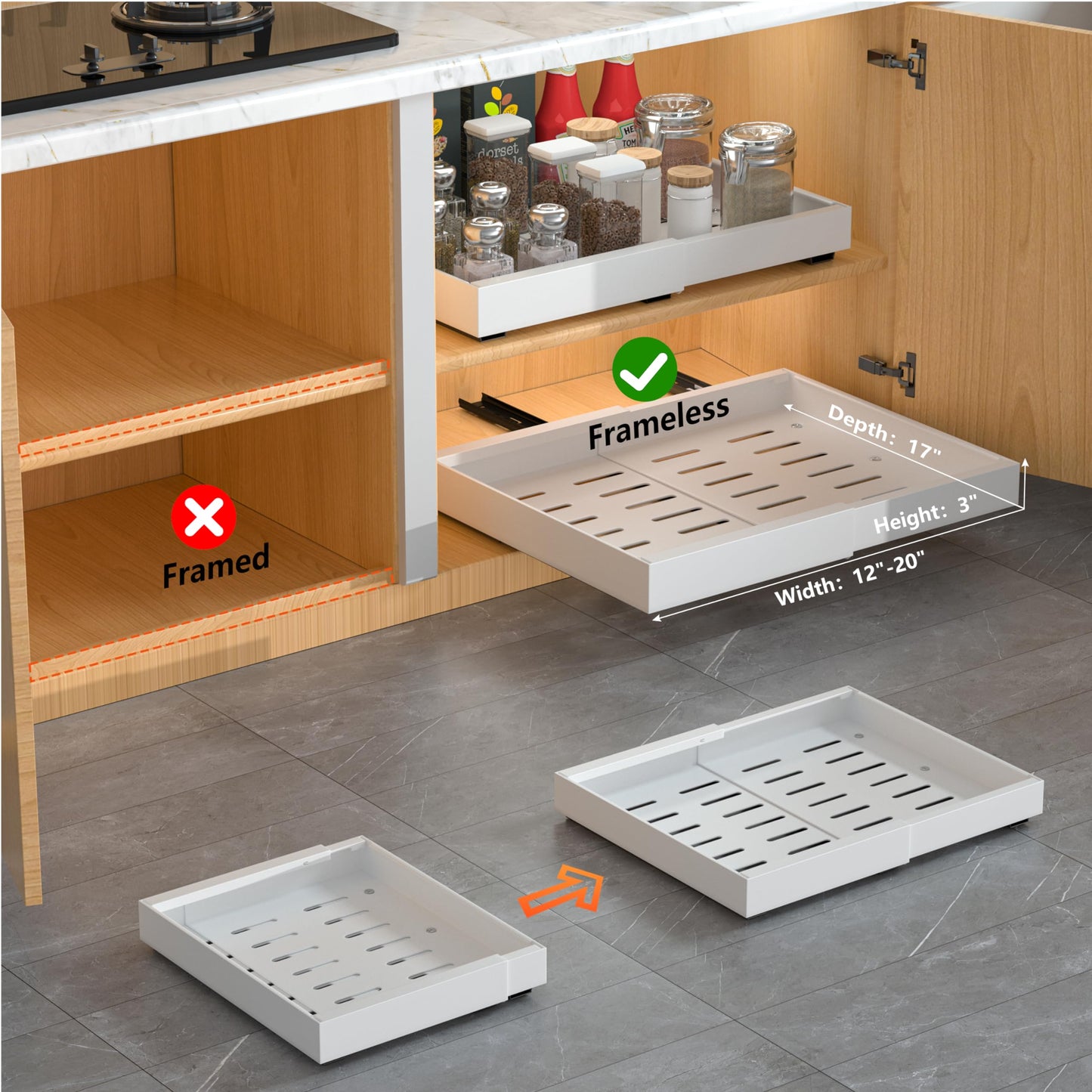 DEKAVA Pull Out Cabinet Organizer Expandable 1 pack, Adhesive with Nano Film, Pull Out Drawers for Cabinets in Kitchen, Pantry or Bathroom (White, 21" DEEPX[12"-20''] Width-1PACK)