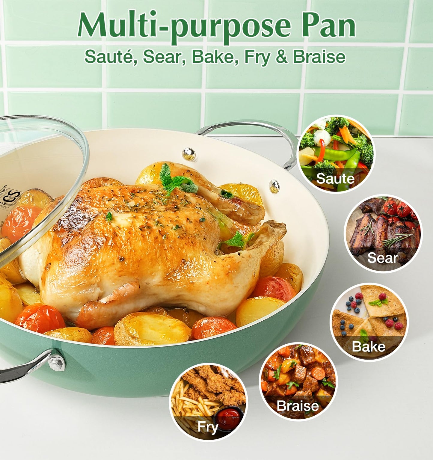 KOCH SYSTEME CS 12 Inch Nonstick Deep Frying Pan, Ceramic Saute Pan with Lid, Healthy Large Skillet, Cookware for All Stove, Induction Compatible, PFOA/PFAS/PTFE Free, Green