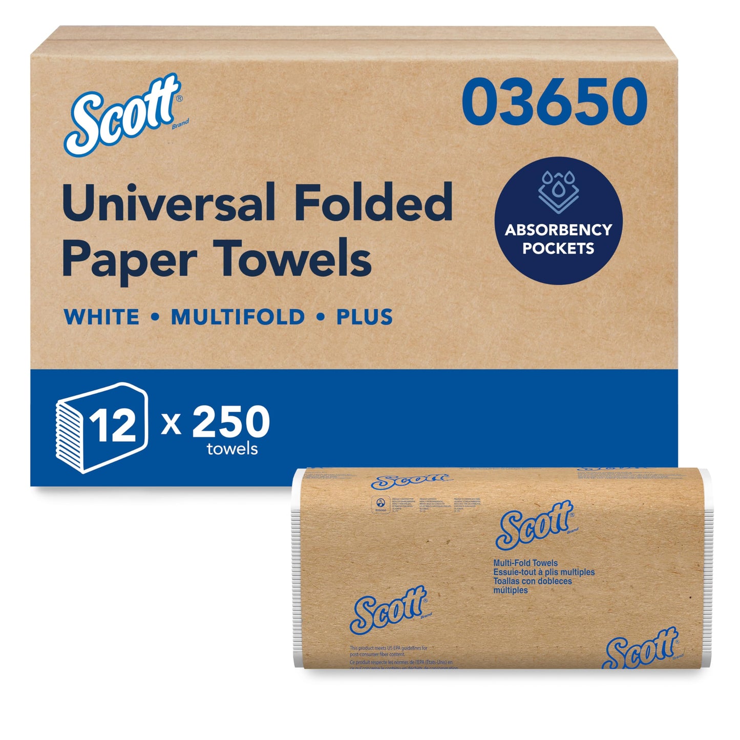 Scott Professional Universal Multifold Paper Towels, Bulk (03650), Absorbency Pockets, 9.2"x9.4", Compressed, Compact (250 Sheets/Pack, 12 Packs/Case, 3,000 Sheet Total)