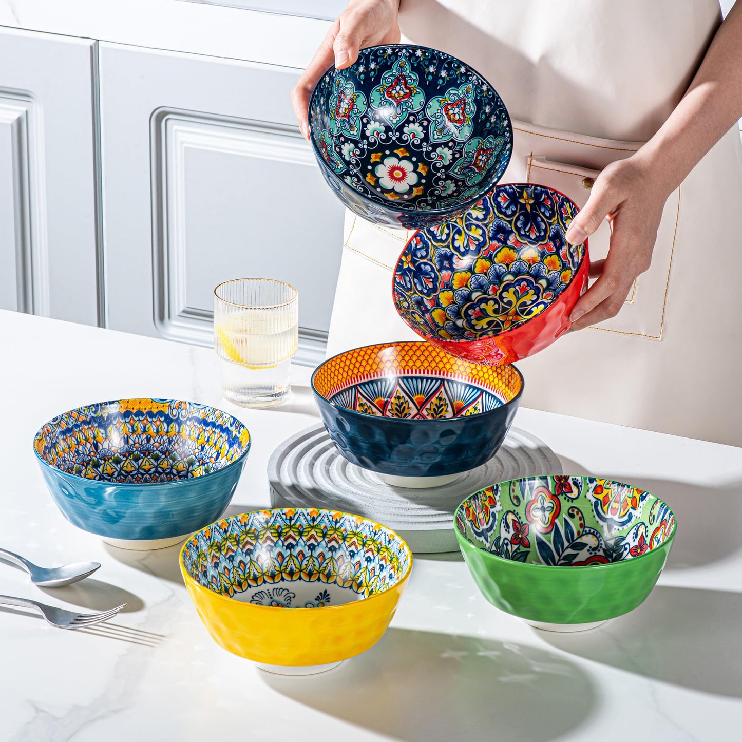 Porcelain Cereal, Soup Bowls Set of 6-25 Oz Colorful Serving Bowls for Salad, Pasta, Oatmeal, Dessert, Dishware, Microwave & Oven Safe - Bohemian Style