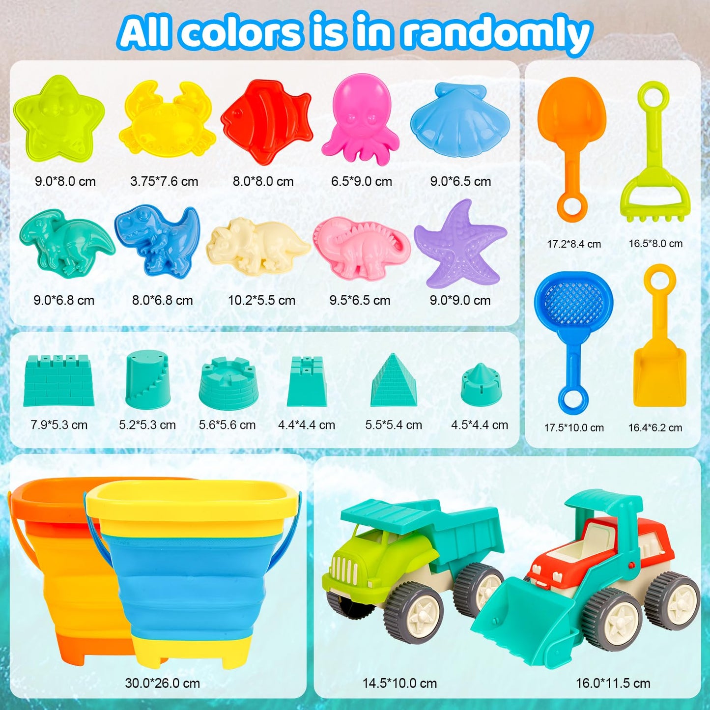 Beach Toys Play Sand Set Sandbox with 2 Cars 2 Collapsible Sand Buckets, Shovel, Rake, Sand Castle Kit, Animal Molds and Mesh Bag, Travel Toys for Kids Toddlers Boys Girls Age 3-10
