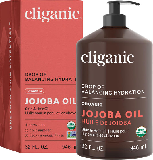 Cliganic Organic Jojoba Oil 946ml, 100% Pure | Bulk, Natural Cold Pressed Unrefined Hexane Free Oil for Hair & Face