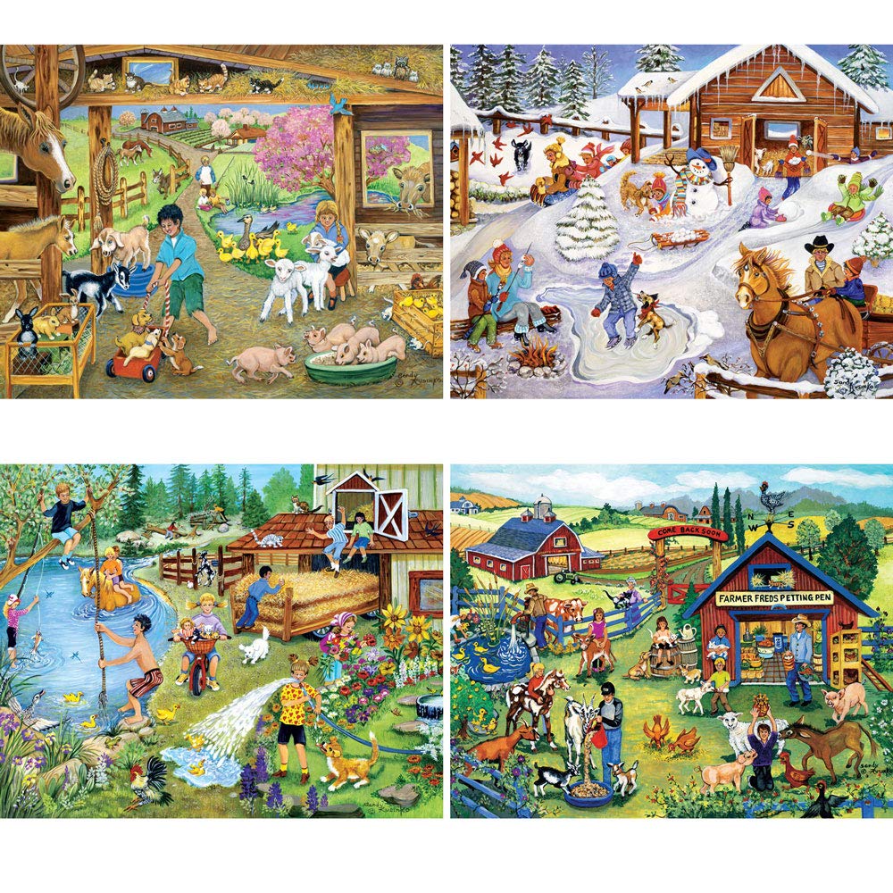 Bits and Pieces - 4-in-1 Multi-Pack - 300 Piece Jigsaw Puzzles for Adults-Each Measures 16" x 20" (46cm x 61cm)-Fun on The Farm by Artist Sandy Rusinko
