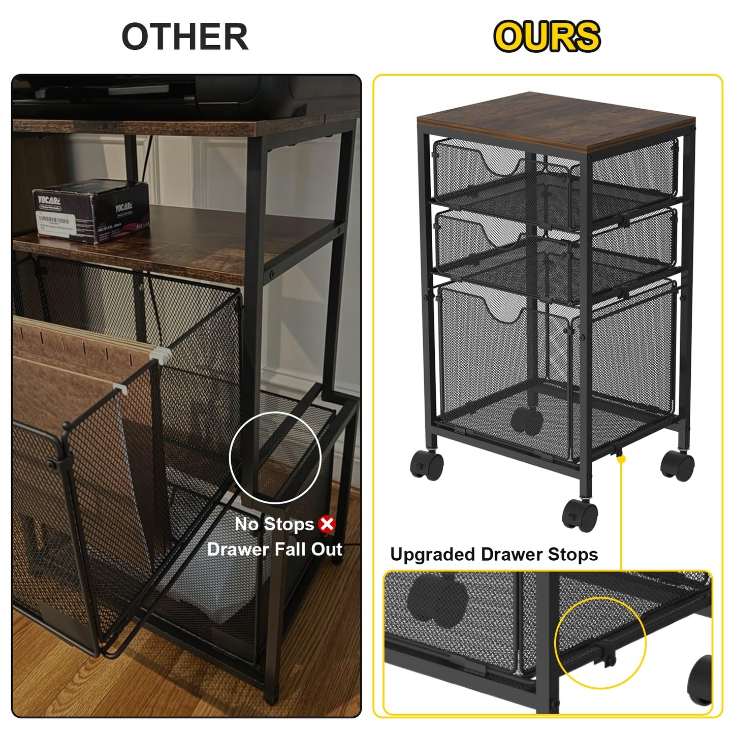 BOHDK Rolling File Cart with 3 Storage Drawers, Wood & Mesh Hanging File Folder Organizer with Wheels Under Desk, File Cabinets for Home Office, 11.81" D x 14.8" W x 25.39" H, Black