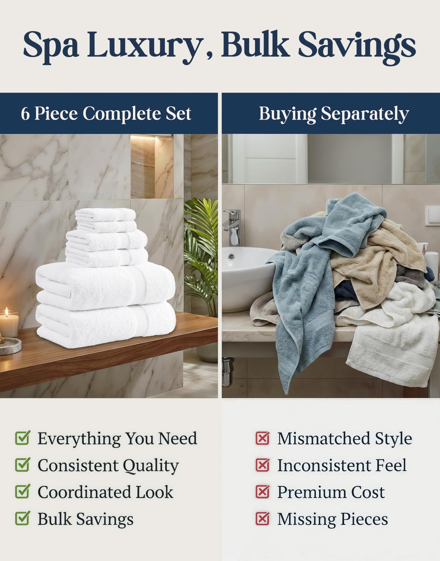 White Bath Towels for Bathroom Set-100% Cotton 6 PC Bathroom Towels, Super Soft Hotel Collection Bath Towels Set - 2 Bath Towel Set, 2 Hand Towel, 2 White Washcloths - White Towels Bathroom Sets