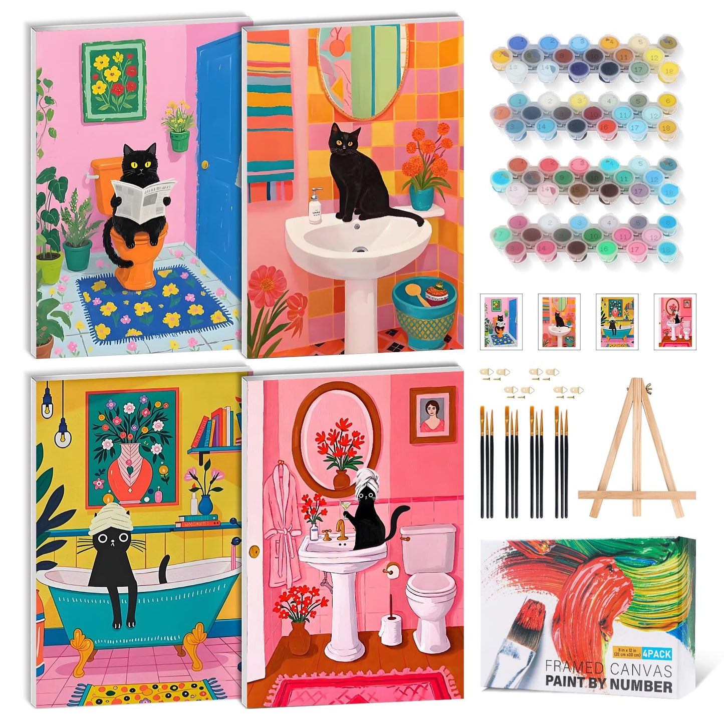 4 Pack Black Cat Paint by Numbers Adult Kit with Frame, Cute Cats Acrylic Painting Kits on Canvas with Easel, Funny Bathroom Wall Art DIY Paint by Number Set for Cat Lovers Home Decor Gift 8 x 12 Inch
