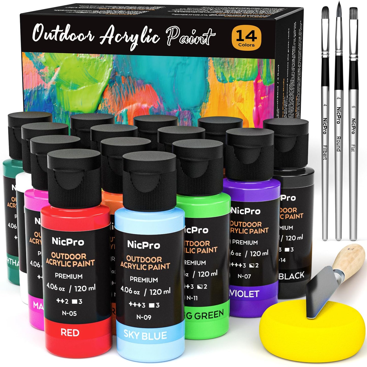 Nicpro 14 Colors Outdoor Acrylic Paint Bulk (4.06 oz,120ml) with Brush and Sponge, Knife, Non-Toxic Exterior Paint for Multi-surface Rock, Wood, Fabric, Leather, Metal, Canvas, Shoes and Wall Painting