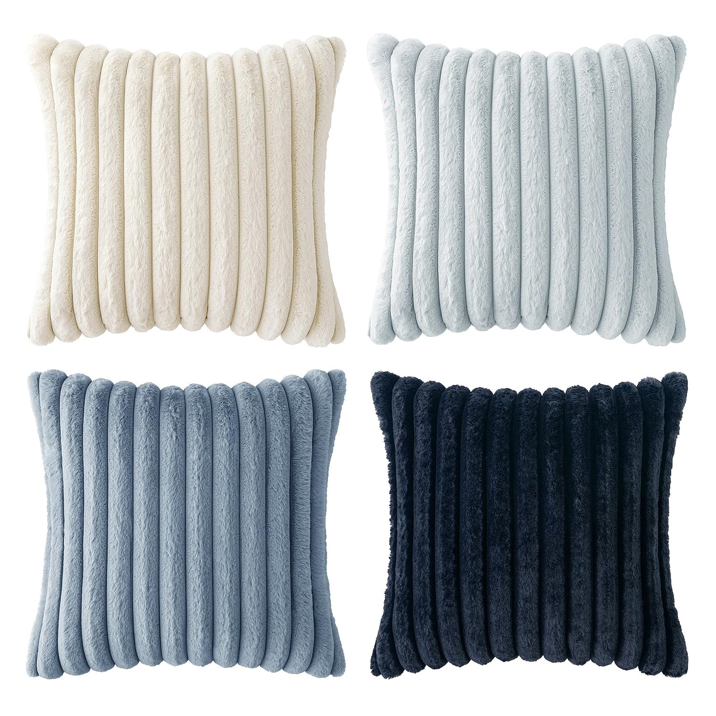 MIULEE Faux Fur Plush Decorative Throw Pillow Covers 18x18 Set of 4, Modern Soft Fuzzy Coastal Striped Cushion Covers for Sofa Couch Bed Living Room Cozy Home Decor,Navy Blue