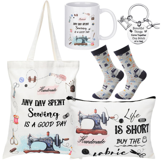 Abbylike 5 Pcs Sewing Gifts for Seamstress Women Gifts Canvas Bag Cosmetic Bag Quilting Coffee Mug Socks 11 oz Cup Quilter Keychain Funny Presents for Mom Quilters Sewing Lovers(White,Classic)