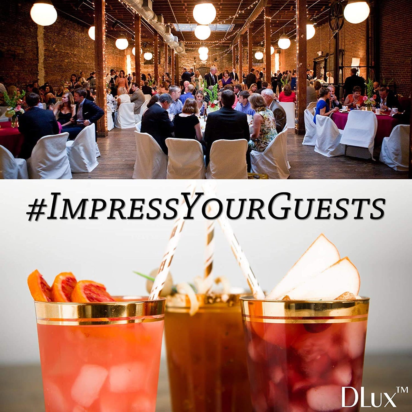 12 oz Gold Rim Plastic Cups with Eco-Friendly Paper Straws - 100 Elegant Clear Rimmed Cocktail & Dessert Tumblers for Weddings & Special Events - Reusable - with Drinks Recipe eBook