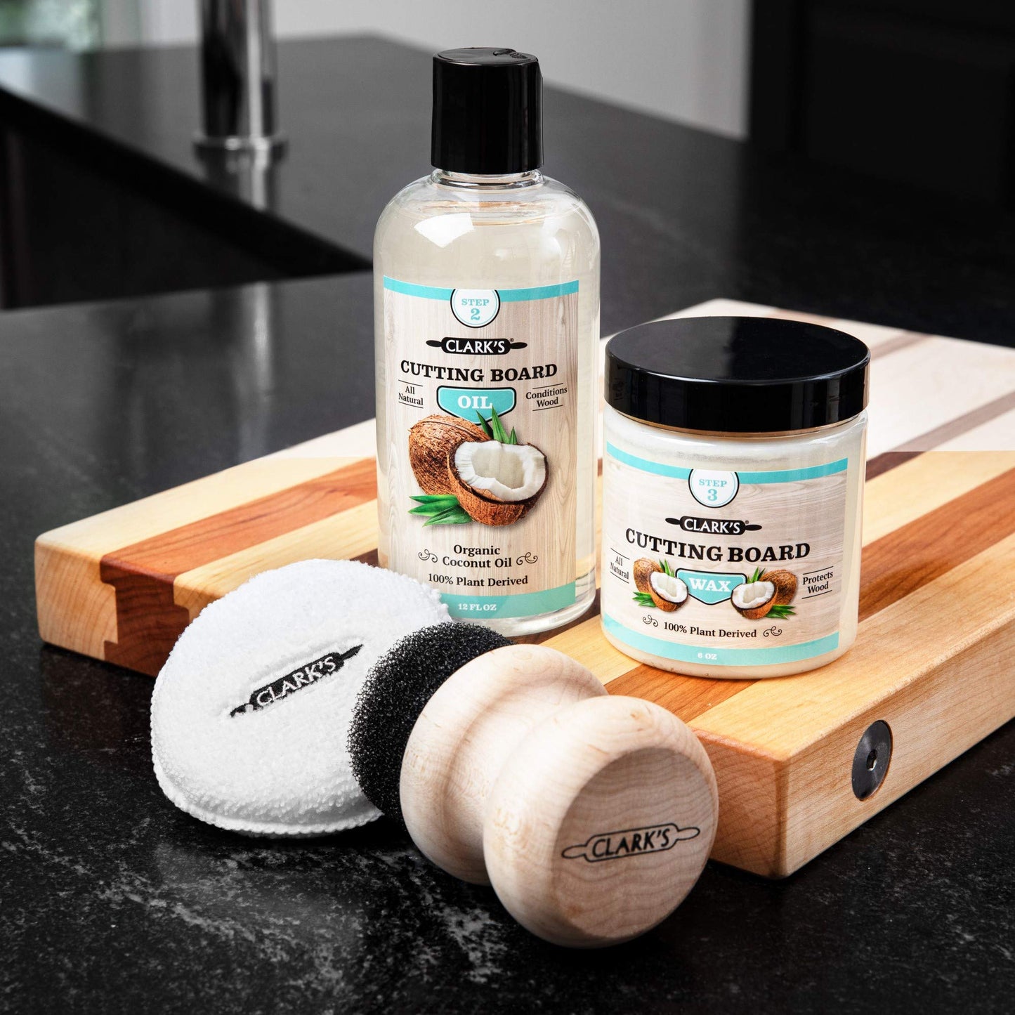 CLARK'S Coconut Cutting Board Oil and Wax Finishing Kit - Made With Refined Coconut Oil - Includes 12oz Oil, 6oz Wax, Small Applicator and Buffing Pad - For Butcher Block