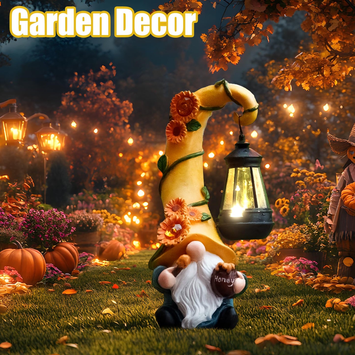 twinbling Birthday Gifts for Mom Grandma 12" Solar Fall Gnome Sunflower Garden Statues Honey Bee Jar Decor with LED Lantern Outdoor Summer Gnomes Decorations Patio Yard Balcony Art Gifts for Women