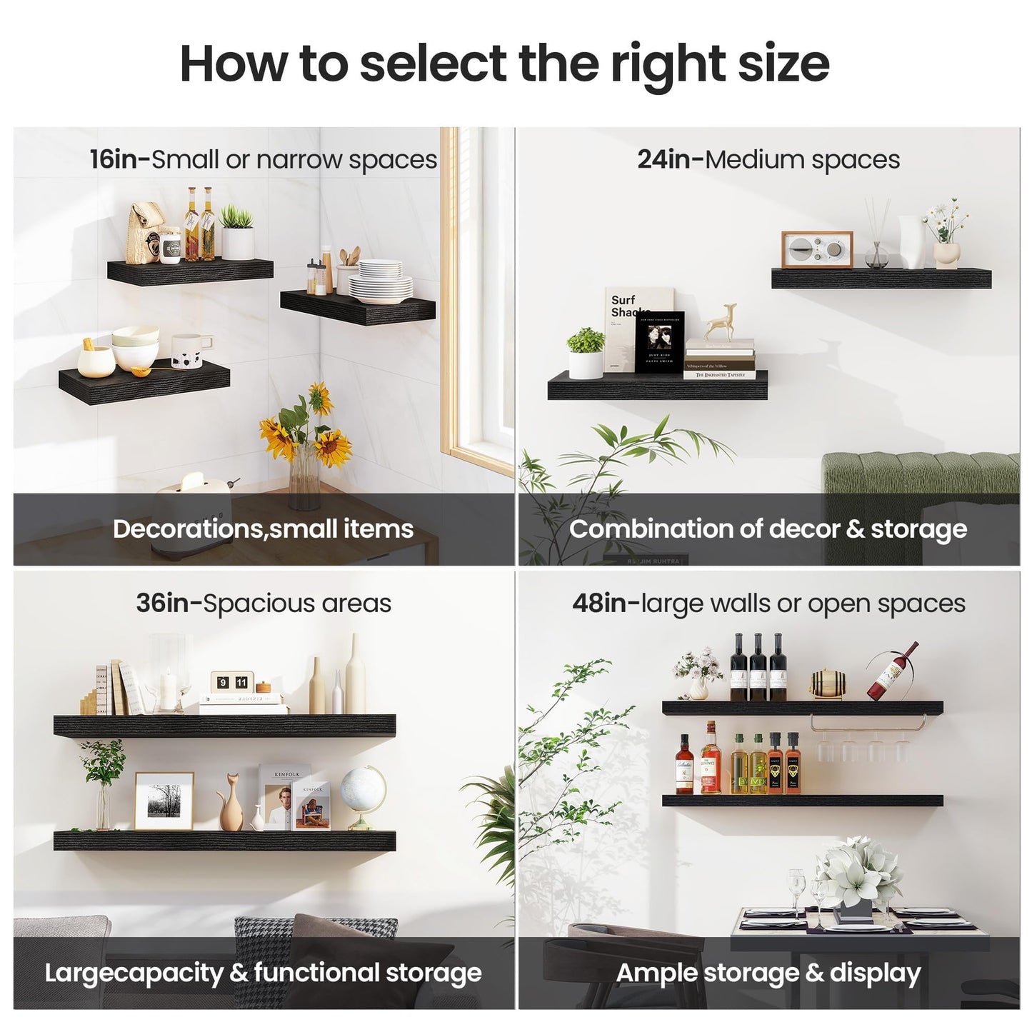 Vivelove 24” Floating Shelves Wall Mounted, 9 Inch Deep Shelves with Invisible Brackets, 60 cm Shelf 1.5” Thick for Bathroom, Bedroom, Living Room, Kitchen, Office, Home Decor, Set of 2, Black