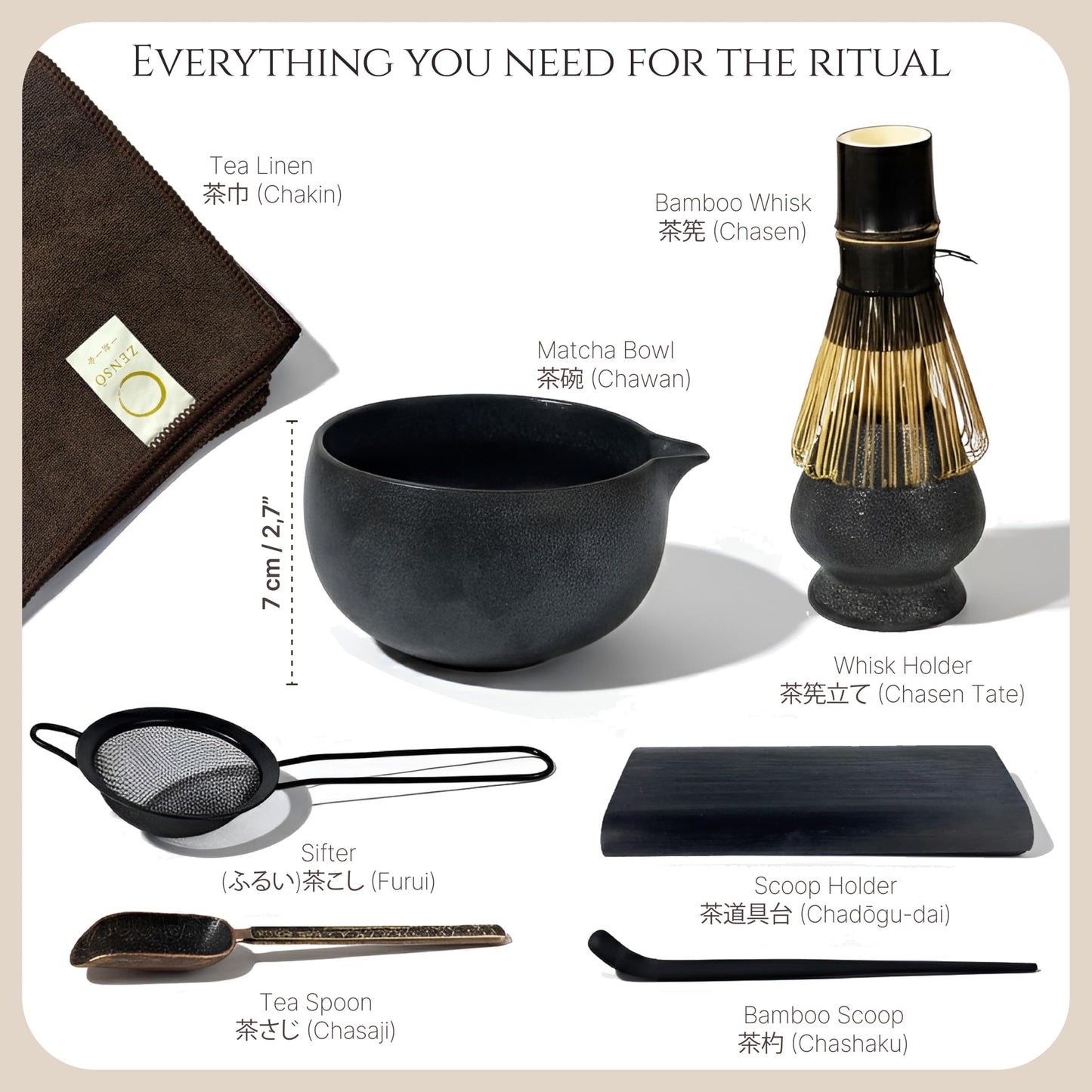 ZENSO Premium Matcha Whisk Set – 8 Piece Japanese Matcha Tea Ceremony Kit | Matcha Bowl, Purple Bamboo Whisk, Whisk Holder, Sifter, Scoop & Scoop Holder, Cloth, Spoon - Dark Gray
