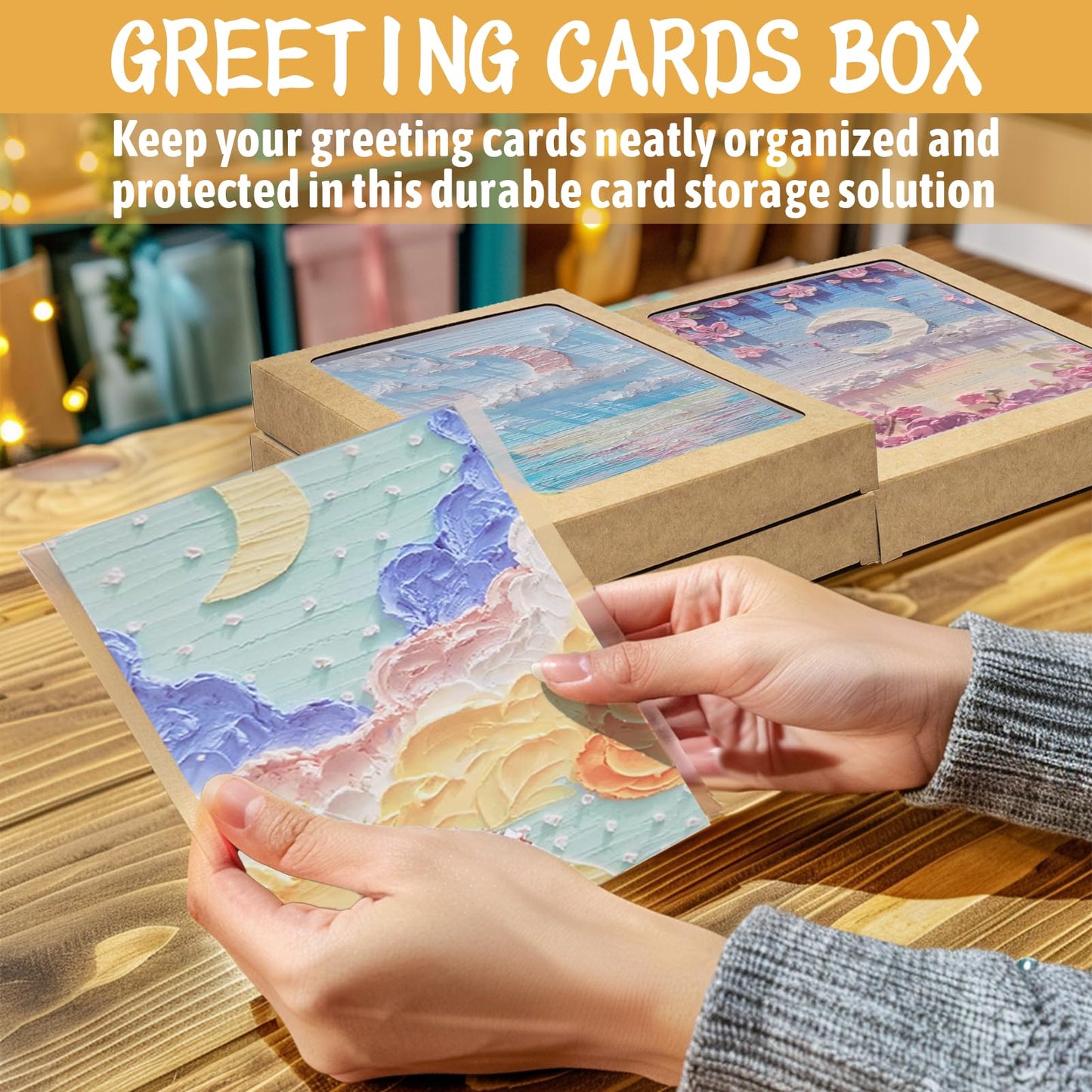 GIWOSK 60 Pcs Greeting Card Storage Box, Kraft Paper Box with PVC Transparent Window Greeting Card Holder Bulk for A7 Paper Photo Frame Card Envelope Biscuit, 5.39 x 7.36 x 1 Inches, Rectangle