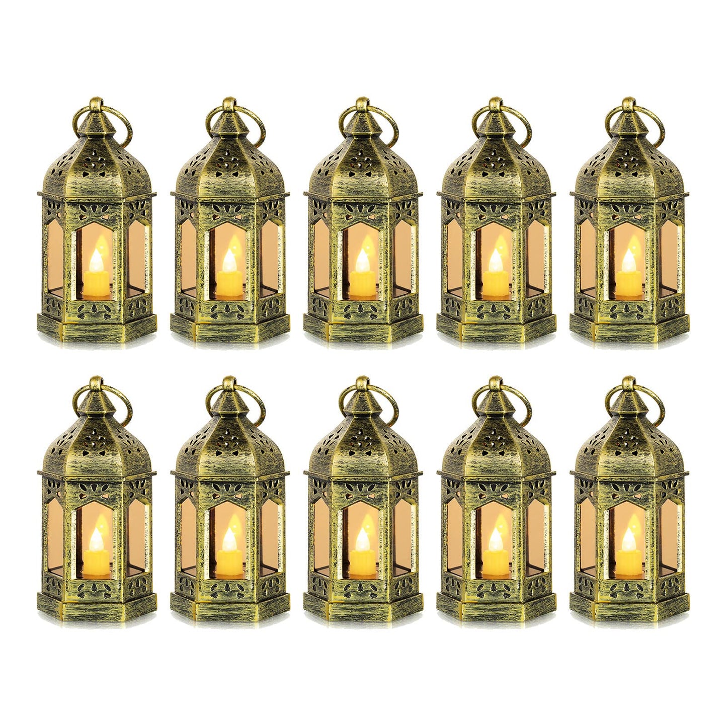 10pcs Mini Lanterns Decorative for Centerpiece: Romadedi Hanging Small Gold Lantern Bulk with Flickering LED Candles for Halloween Decorations, Wedding Decor, Christmas Table, Batteries Included