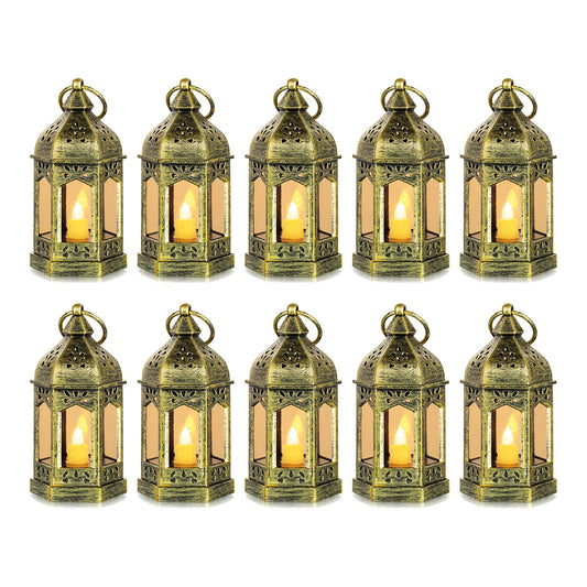 10pcs Mini Lanterns Decorative for Centerpiece: Romadedi Hanging Small Gold Lantern Bulk with Flickering LED Candles for Halloween Decorations, Wedding Decor, Christmas Table, Batteries Included