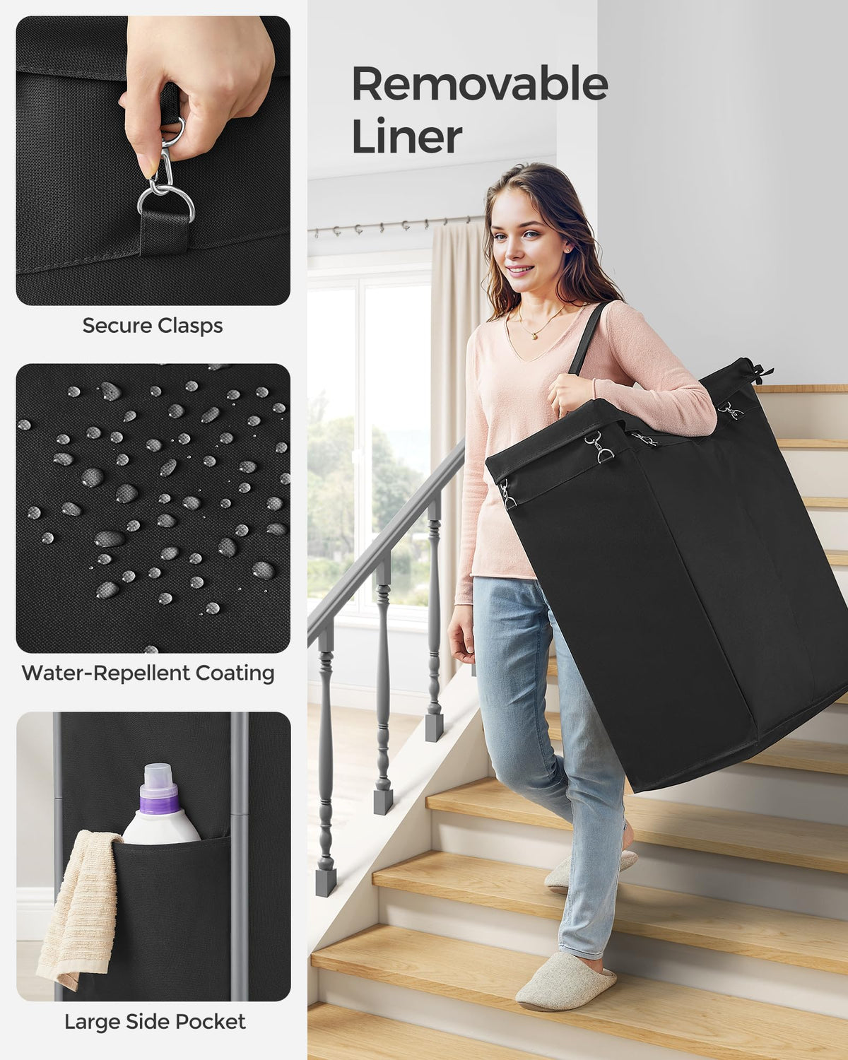 SONGMICS Laundry Basket with Wheels, 2-Section Rolling Laundry Hamper, 37 Gallons (140 L), Removable Liner, Steel Frame with Handle, 69 x 39 x 81 cm, Ink Black URLS004B01