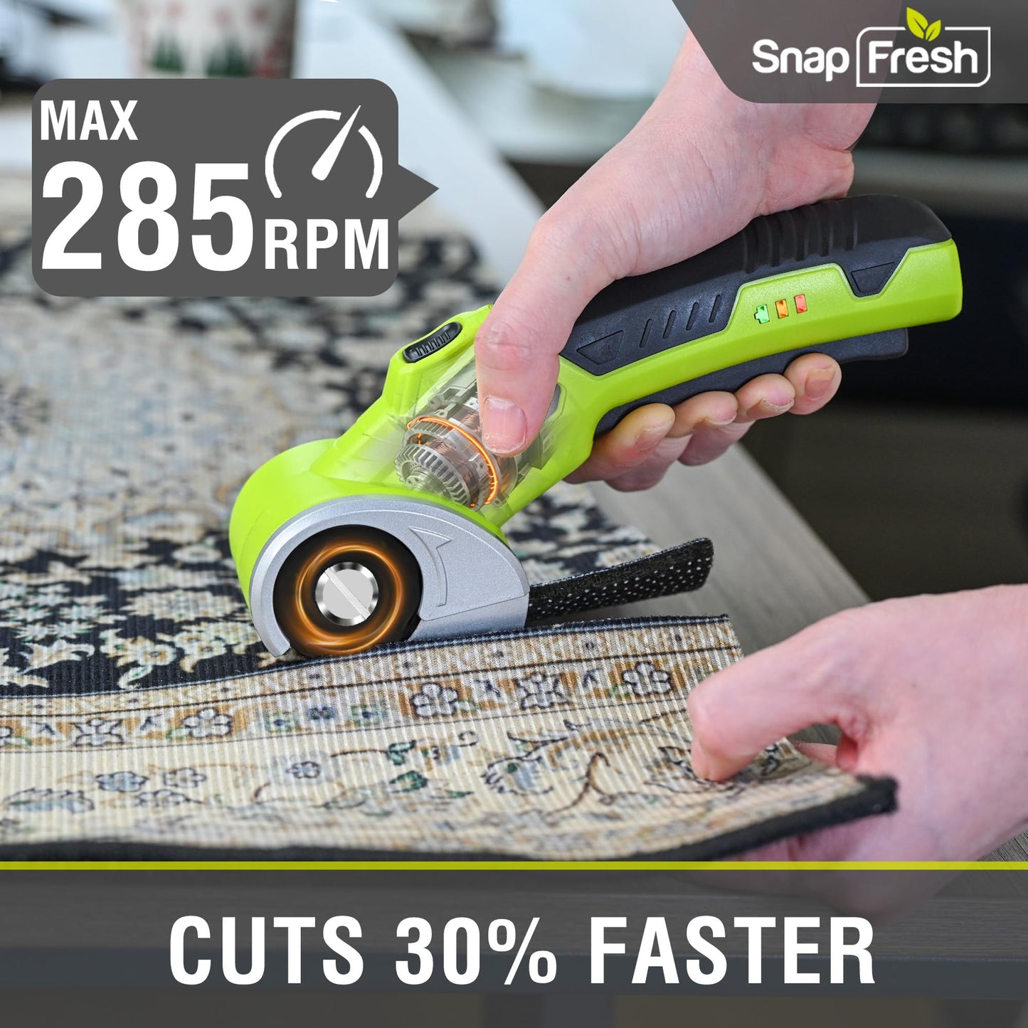 SnapFresh 4V Cordless Electric Scissors-Rechargeable Rotary Box Cutter w/ 2.0Ah Battery, 2 Self-Sharpening Blades, 285RPM,LED & Safety Lock,Carpet Cutter Tool for Cardboard, Fabric, Leather, Plastic