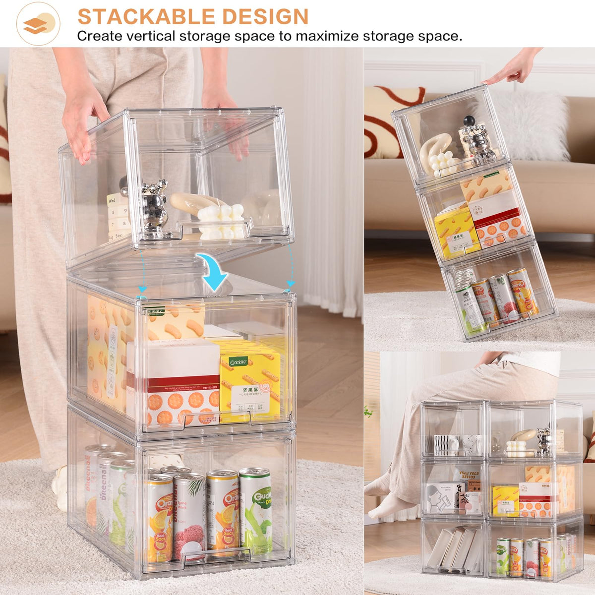 3 Packs Large Plastic Stackable Storage Drawers, DILIBRA Clear Storage Bins Organizer with Pull Out Drawer for Kitchen Cabinet Pantry Fridge Freezer Shelf Refrigerator Organization and Storage