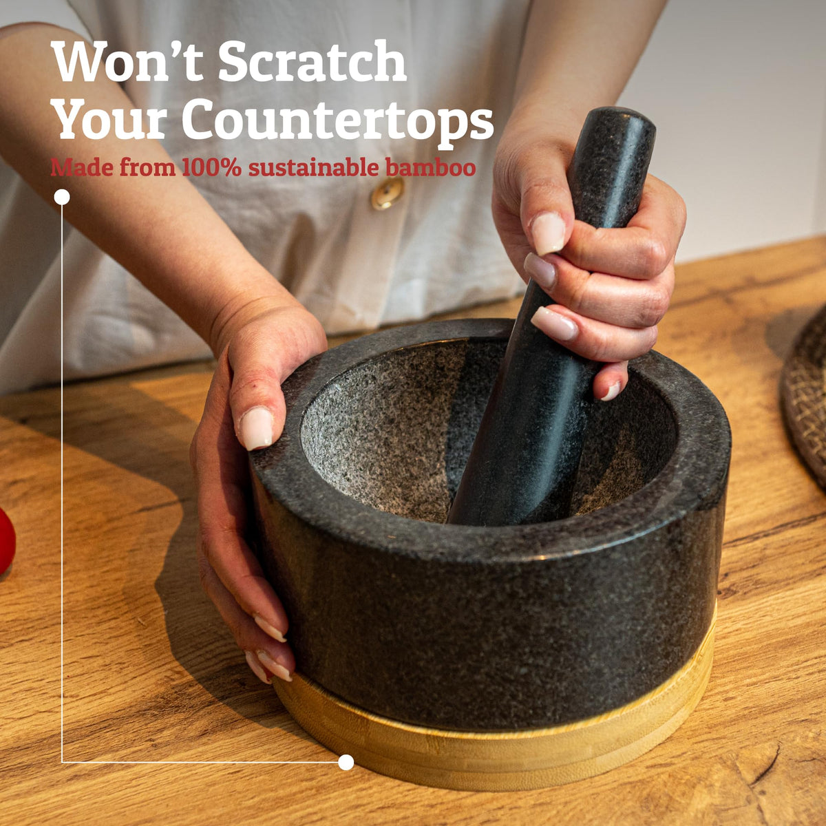Heavy Duty Mortar and Pestle Set with Bamboo Base, Large 4 Cups, 100% Natural Granite Mortar and Pestle Large Stone Grinder Bowl, Molcajete Bowl, Masher Guacamole Bowls, Polished Black