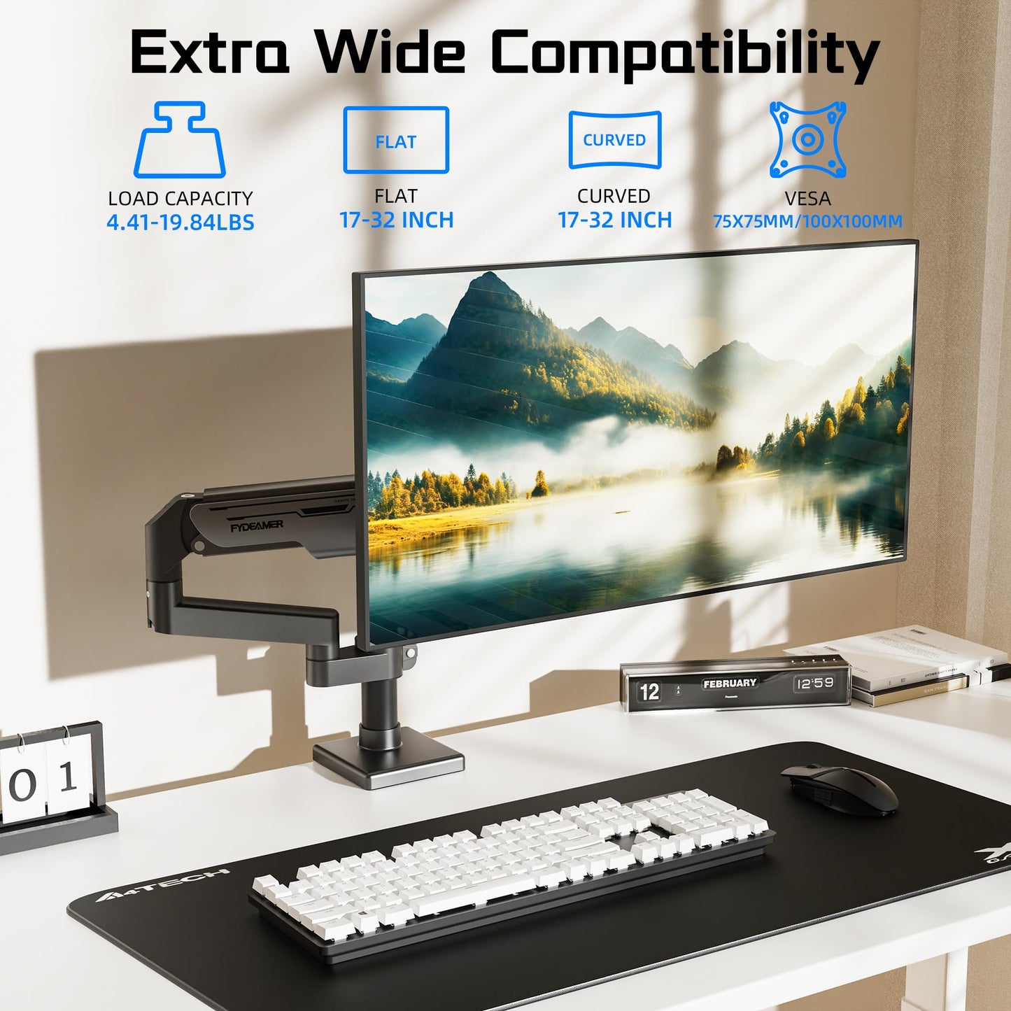 Fydeamer Single Monitor Arm, Heavy Duty Gas Spring Mount with Height Adjustment & Tilt for 17-32 Inch Screens up to 19.8 lbs, Adjustable VESA Desk Mount with Dual Installation Options, Gray & Black