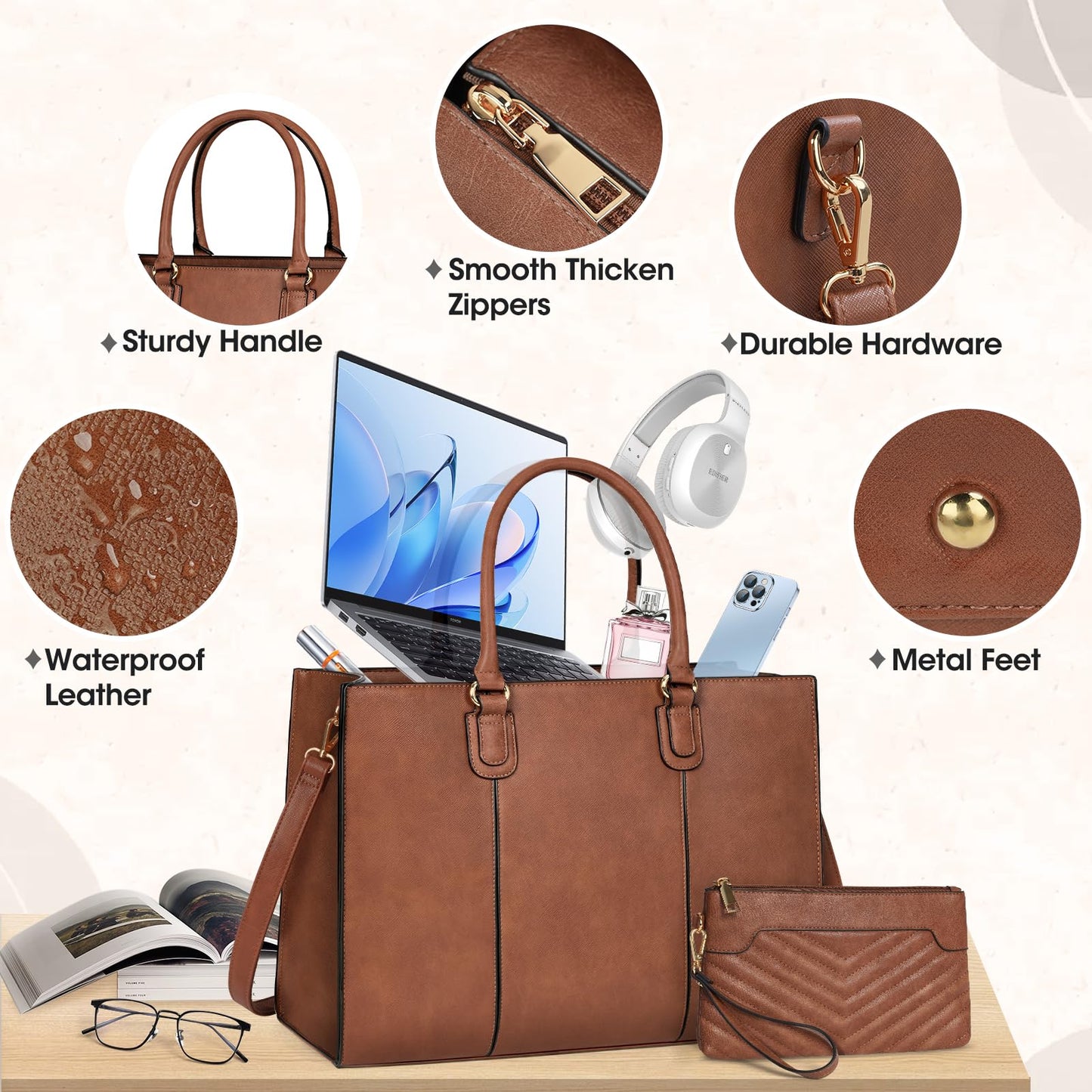 NUBILY Laptop Bags for Women 15.6 Inch Work Tote Bags Womens Laptop Purse Waterproof PU Leather Laptop Briefcase for Office Computer Bag Women Travel Handbag Shoulder Bag Brown
