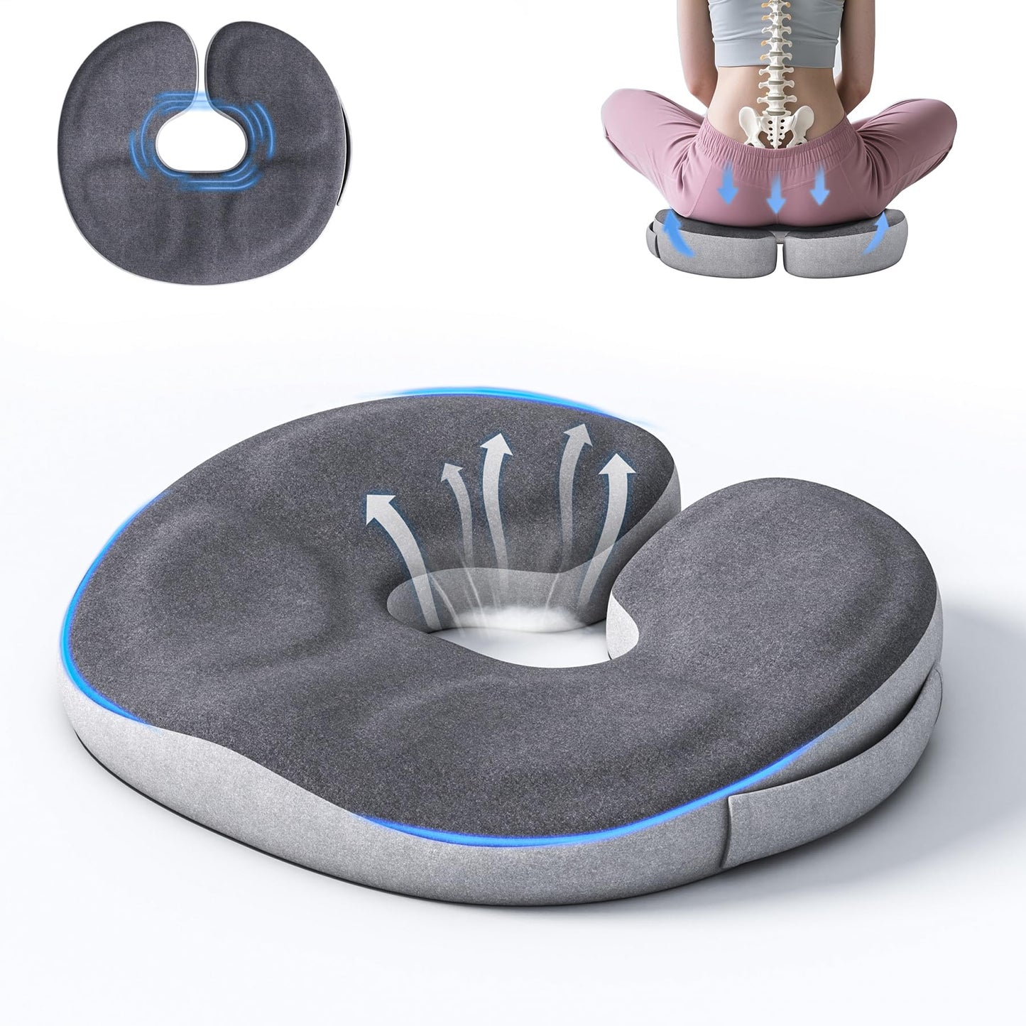 Auoketuo Memory Foam Donut Seat Cushion, Y-Shaped Coccyx Cushion for Tailbone Pressure Relief, Office Chair Cushion, Car Seat Cushion, Wheelchair Seat Cushion, Ergonomic Pillow for Long Sitting (Grey)