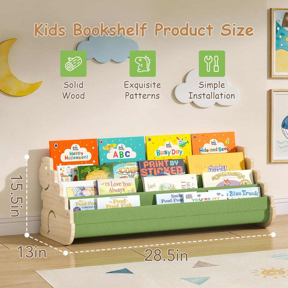 LAMU Bookshelf Kids, 4 Tier Portable Toddler Bookshelf, Solid Wood Kids Book Shelf for Nursery & Playroom, Cute Dinosaur Design Montessori Book Shelf, Toddler Book Display Shelves
