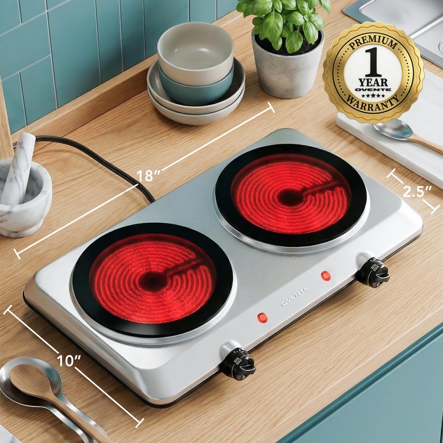 Ovente Countertop Infrared Burner – 1500 Watts – Ceramic Double Plate Cooktop with Temperature Control, Non-Slip Feet – Indoor/Outdoor Portable Electric Stove – Brushed Stainless Steel (BGI202S)