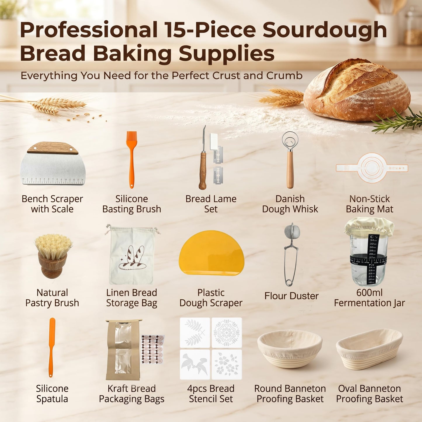 Sourdough Bread Starter Kit, 15-Piece Banneton Proofing Basket Set with Round & Oval Bread Baskets, 600ml Starter Jar, Dough Whisk, Bread Lame, Silicone Mat, Stencils and Bread Bags for Beginners