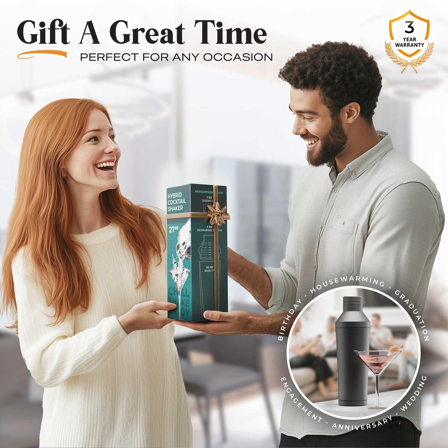 Insulated Cocktail Shaker Set | Double Wall Stainless Steel | Martini Shaker for Home Bar Bartending | Built-in Drink Measurement System & Strainer, Travel Bag, 35 Recipes | Gift Set (Matt Black)