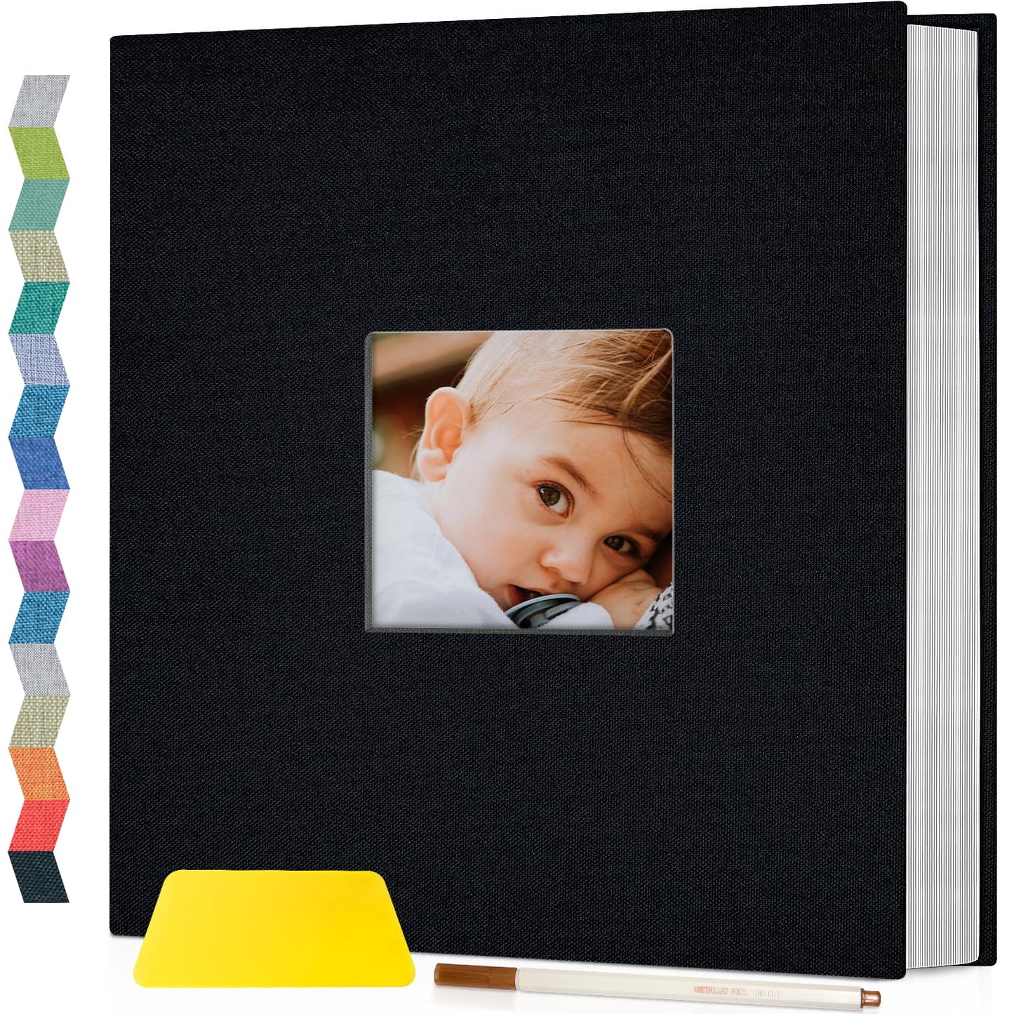 popotop Self Adhesive Photo Album with Display Window, 60 Pages Scrapbook Album for 4x6 8x10 Picture, Black Linen Memory Book for Wedding Baby Travel, with Scraper and Metallic Pen